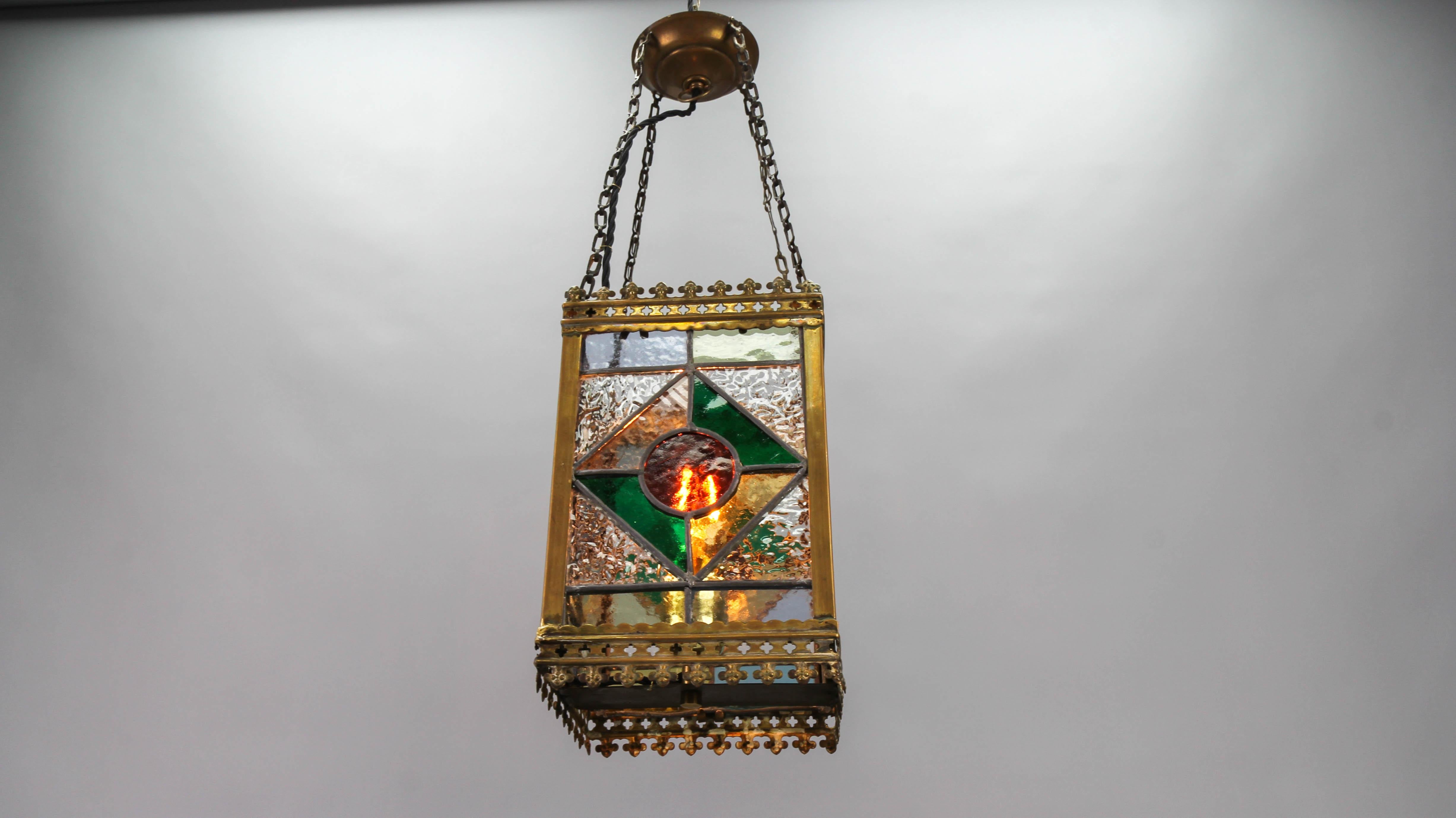 Late 19th Century Stained Glass and Brass Lantern 6