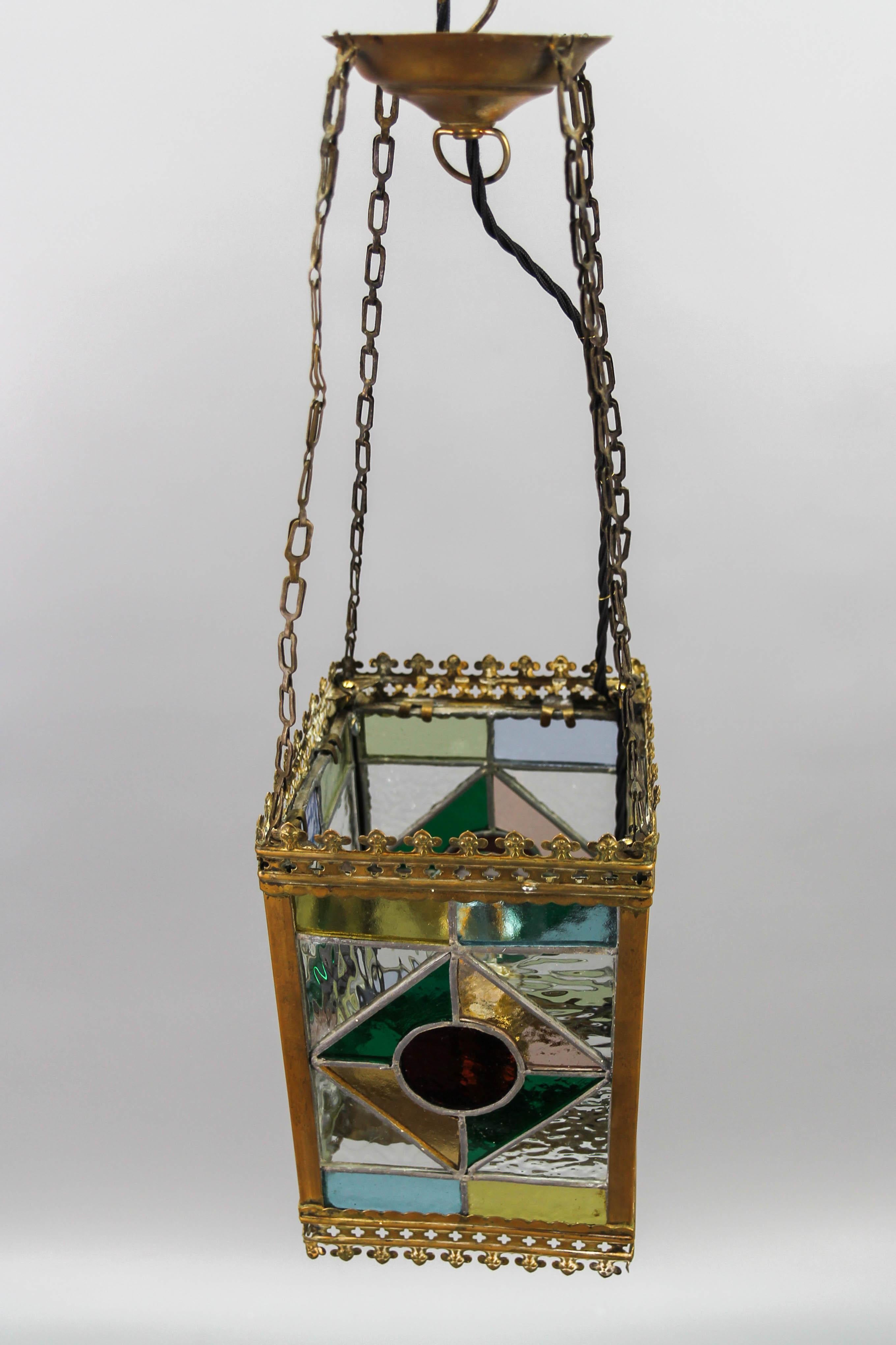 Late 19th Century Stained Glass and Brass Lantern 11