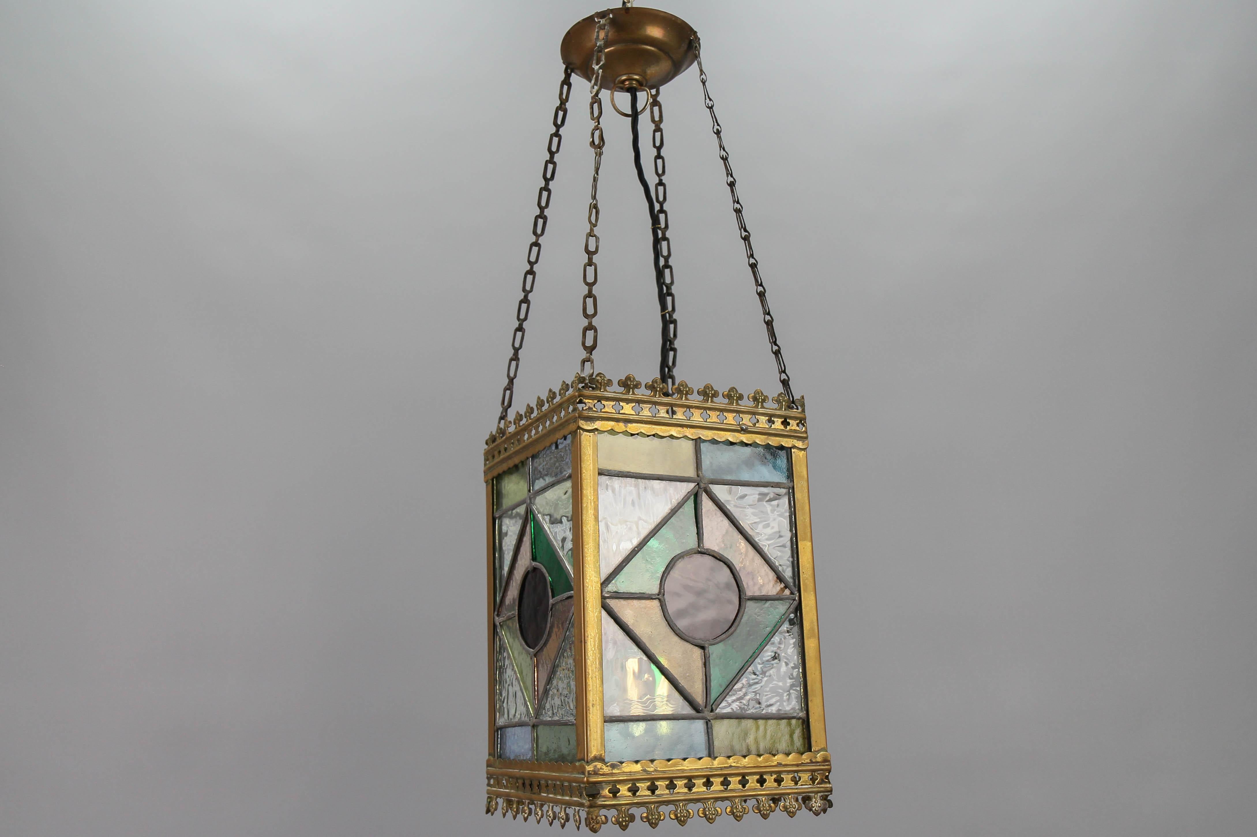 Gothic Late 19th Century Stained Glass and Brass Lantern