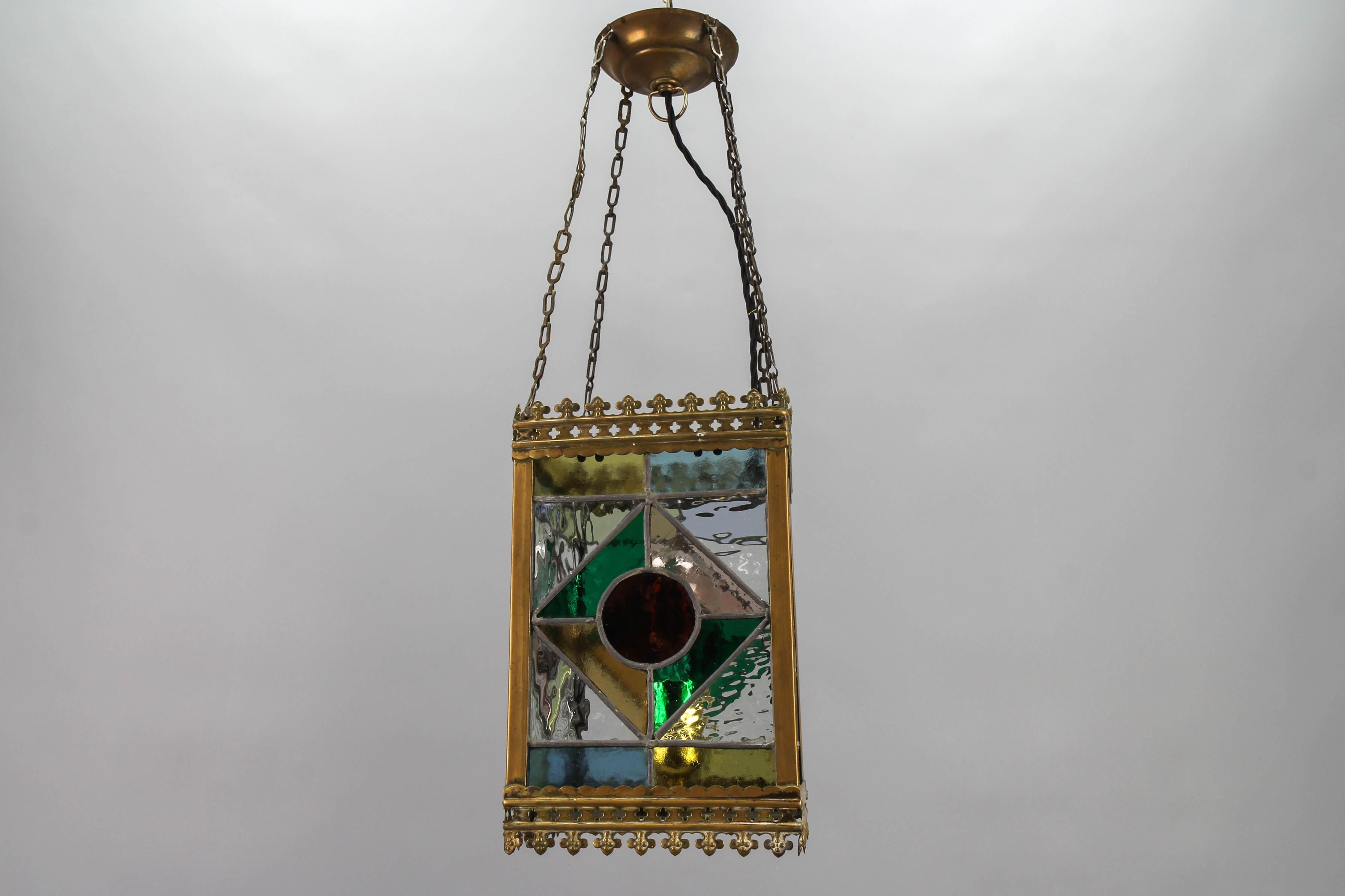 European Late 19th Century Stained Glass and Brass Lantern