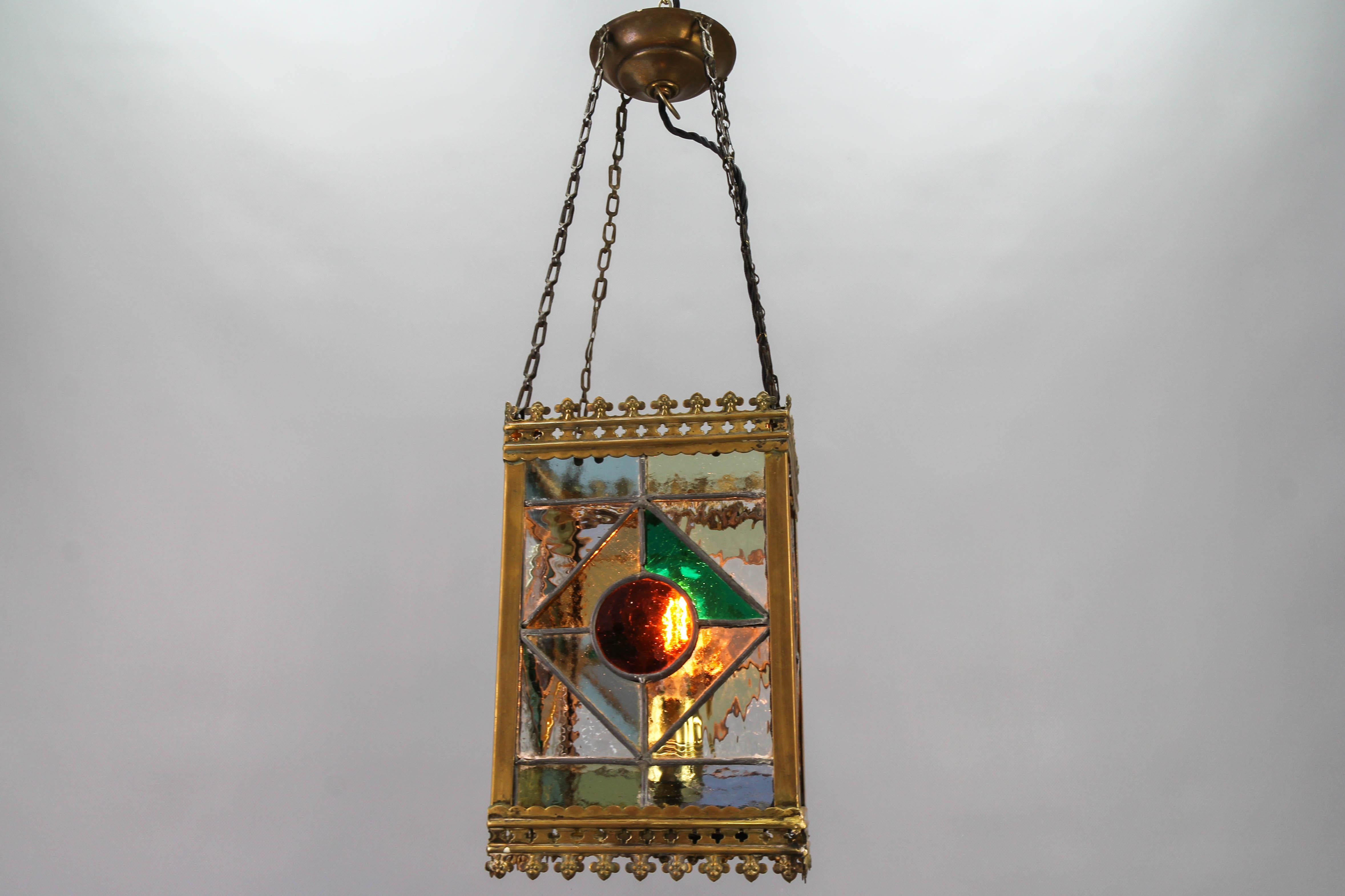 Late 19th Century Stained Glass and Brass Lantern In Good Condition In Barntrup, DE