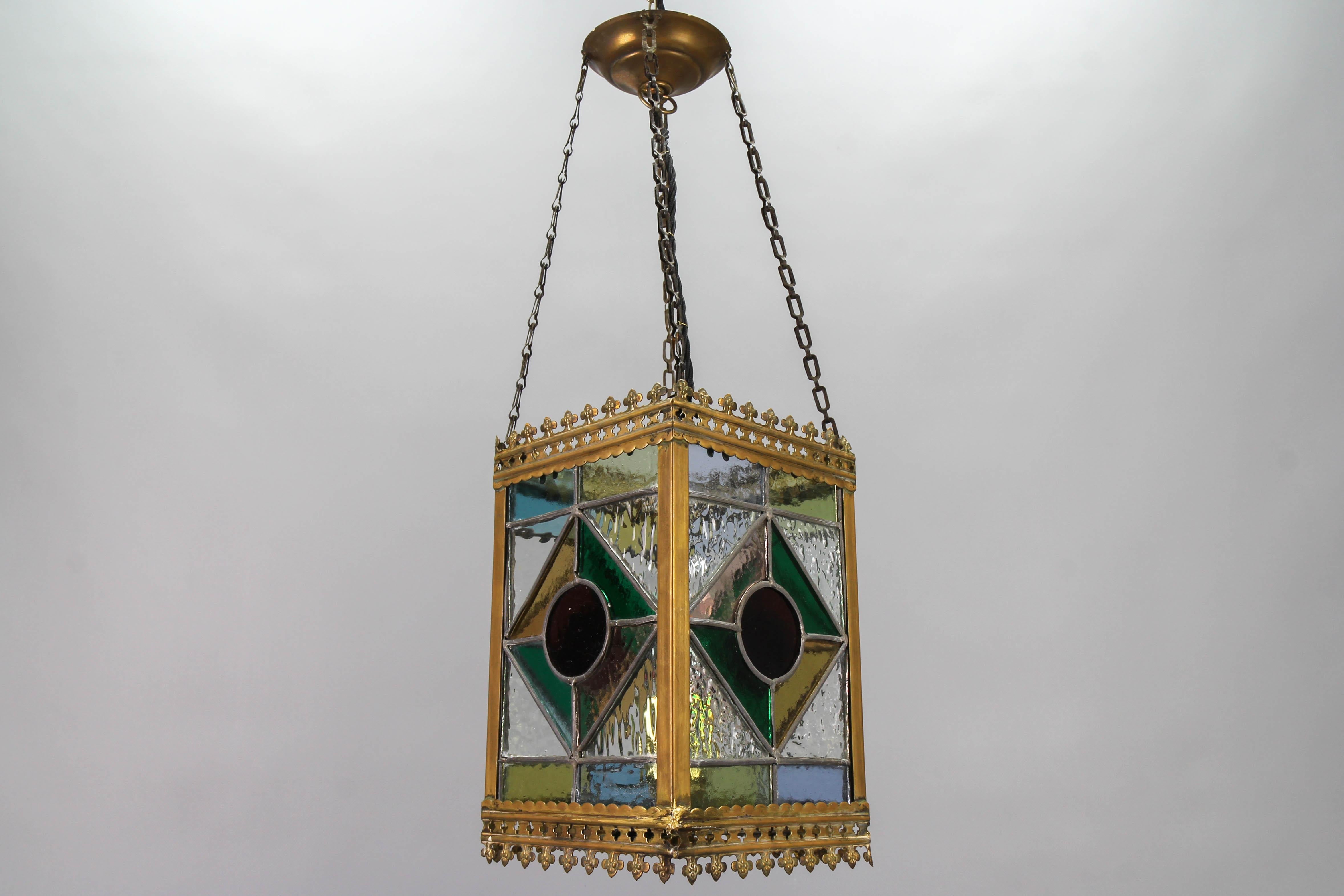 Late 19th Century Stained Glass and Brass Lantern 1