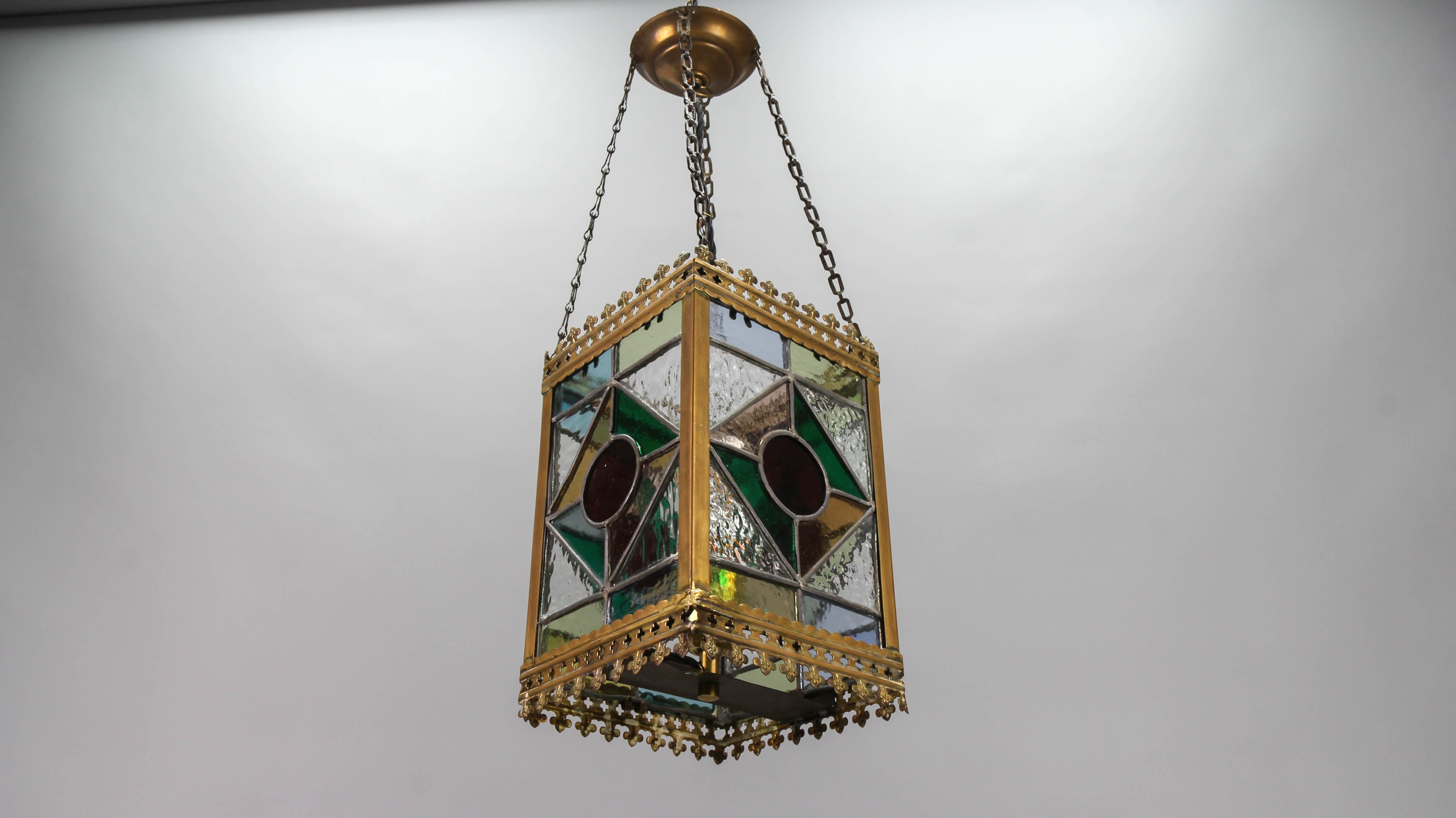 Late 19th Century Stained Glass and Brass Lantern 2