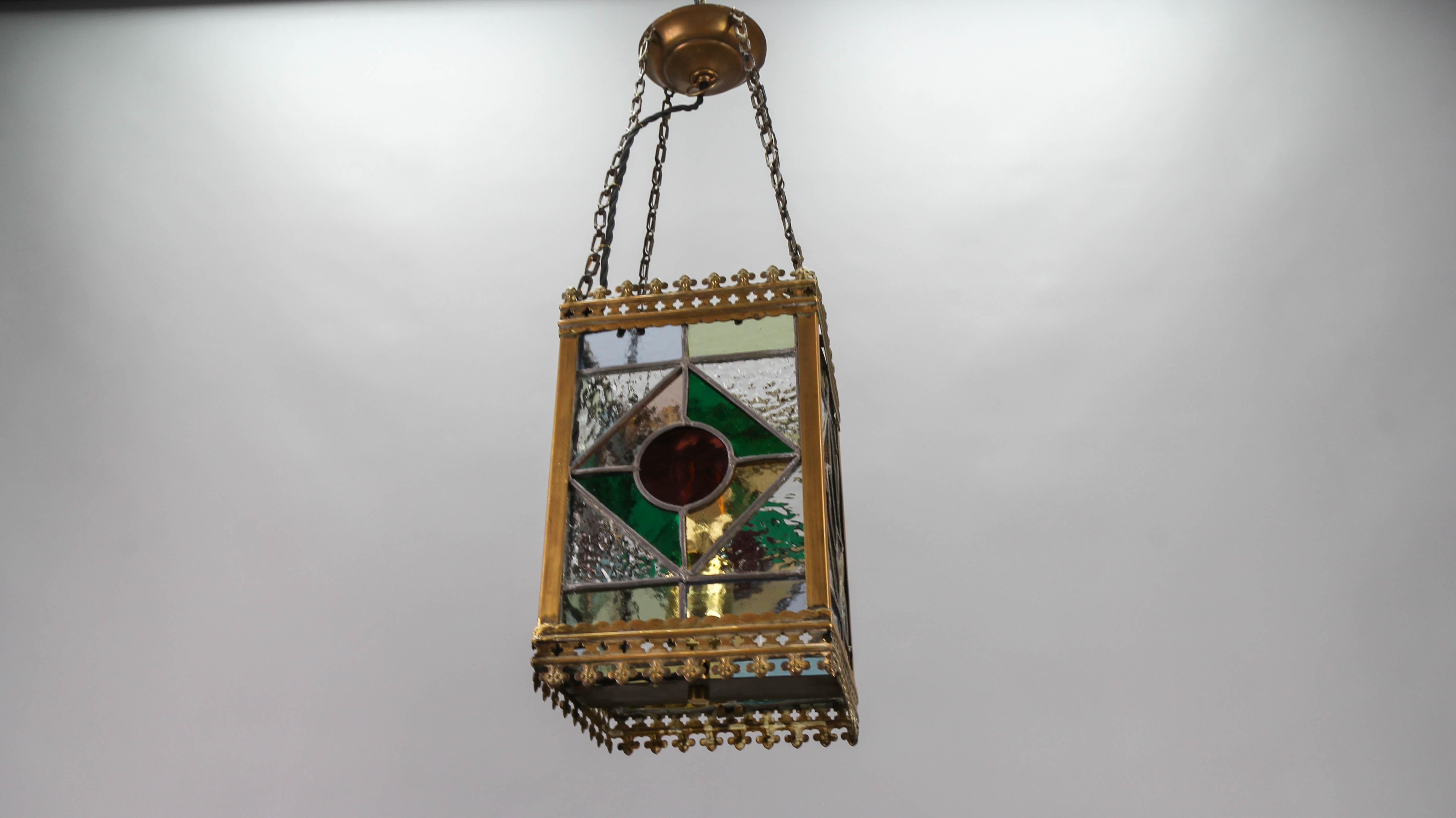 Late 19th Century Stained Glass and Brass Lantern 3
