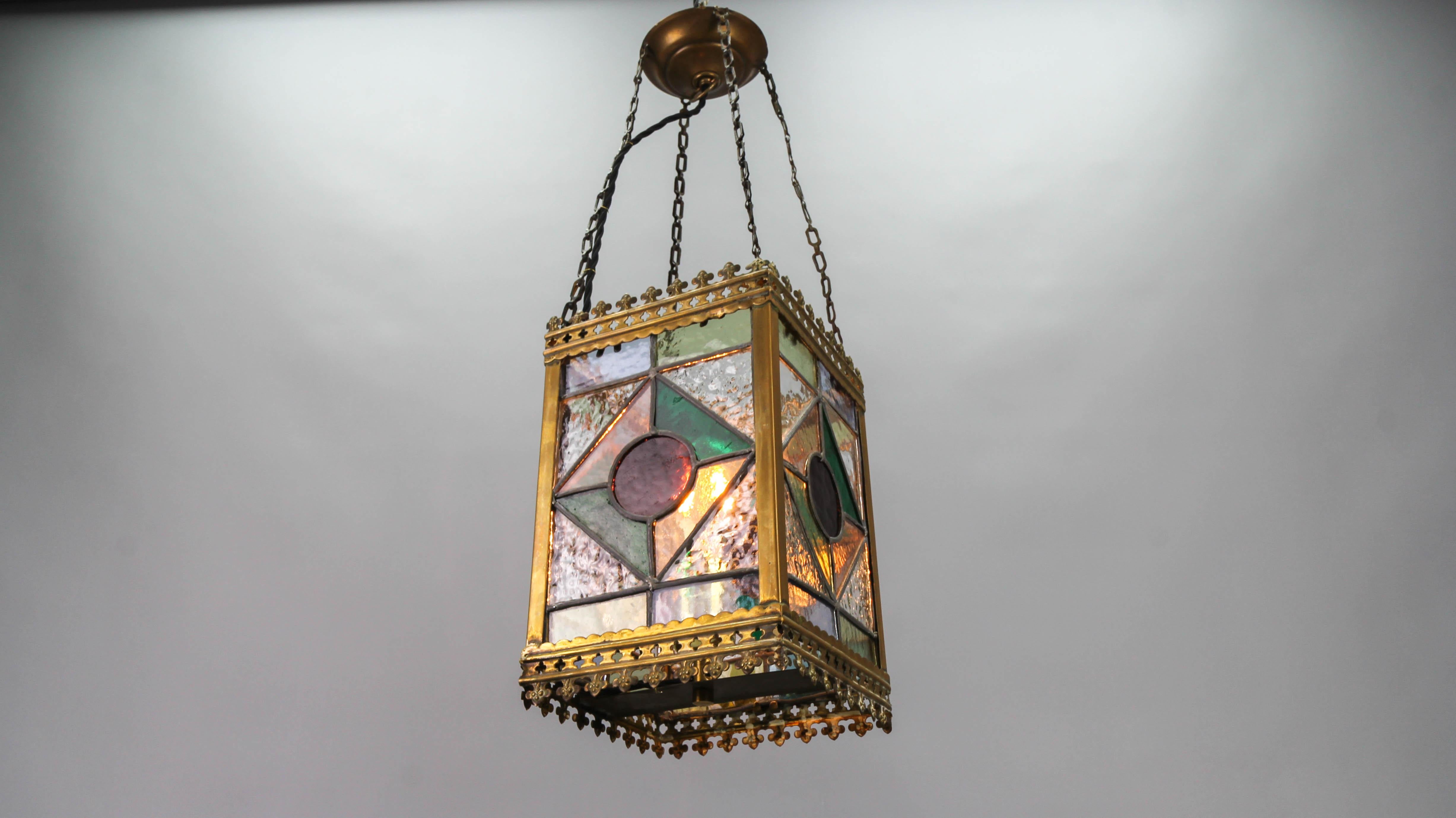 Late 19th Century Stained Glass and Brass Lantern 4