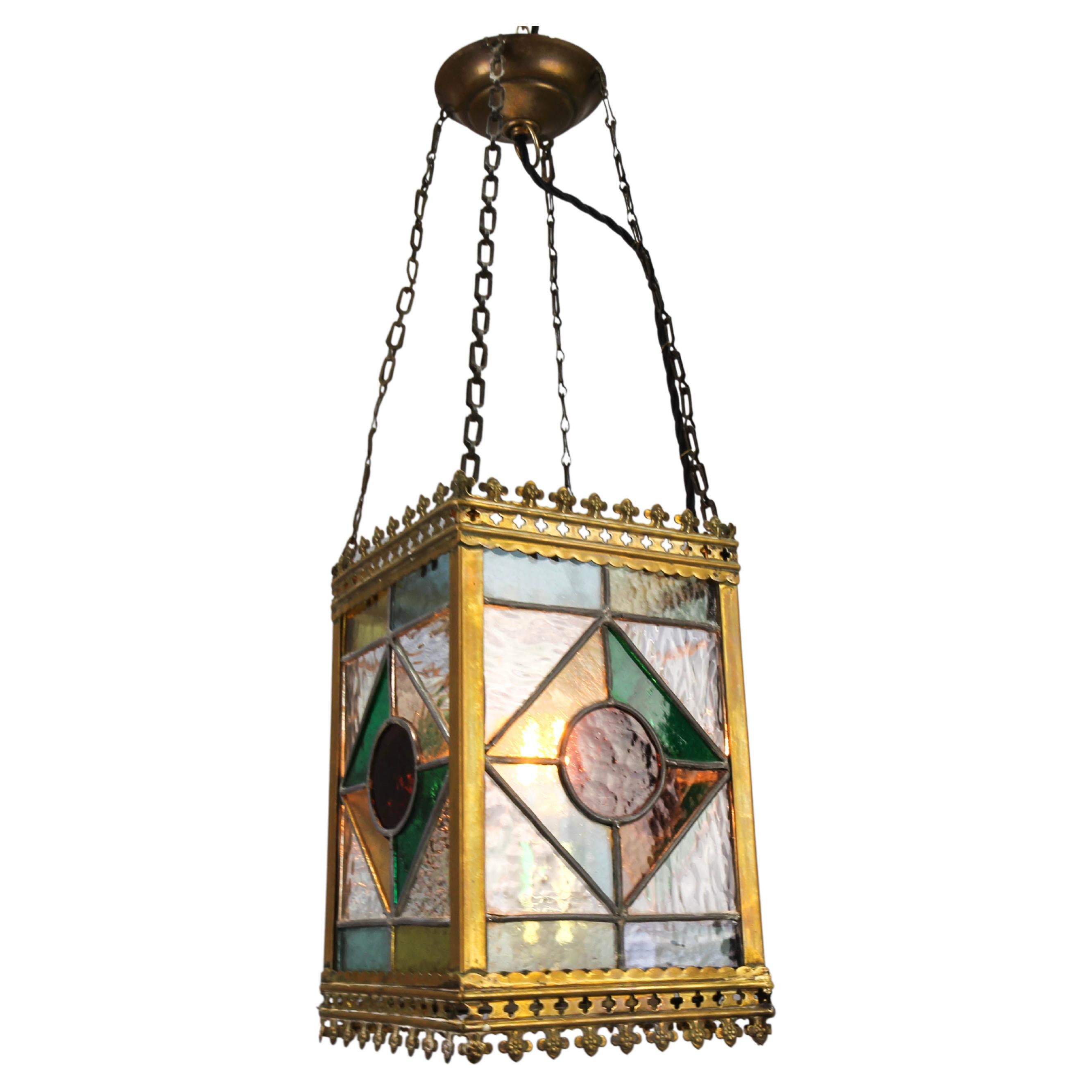 Late 19th Century Stained Glass and Brass Lantern