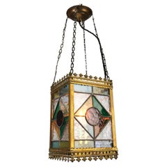 Antique Late 19th Century Stained Glass and Brass Lantern