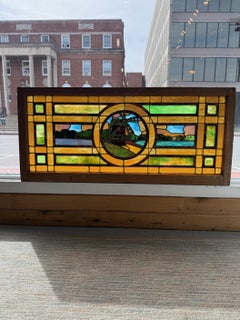 Late 19th Century Stained Glass Transom Window, Windmill Design, 60x27