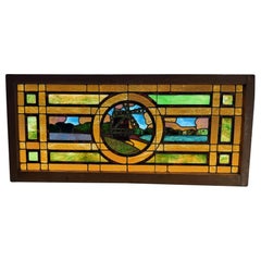 Late 19th Century Stained Glass Transom Window, Windmill Design, 60x27