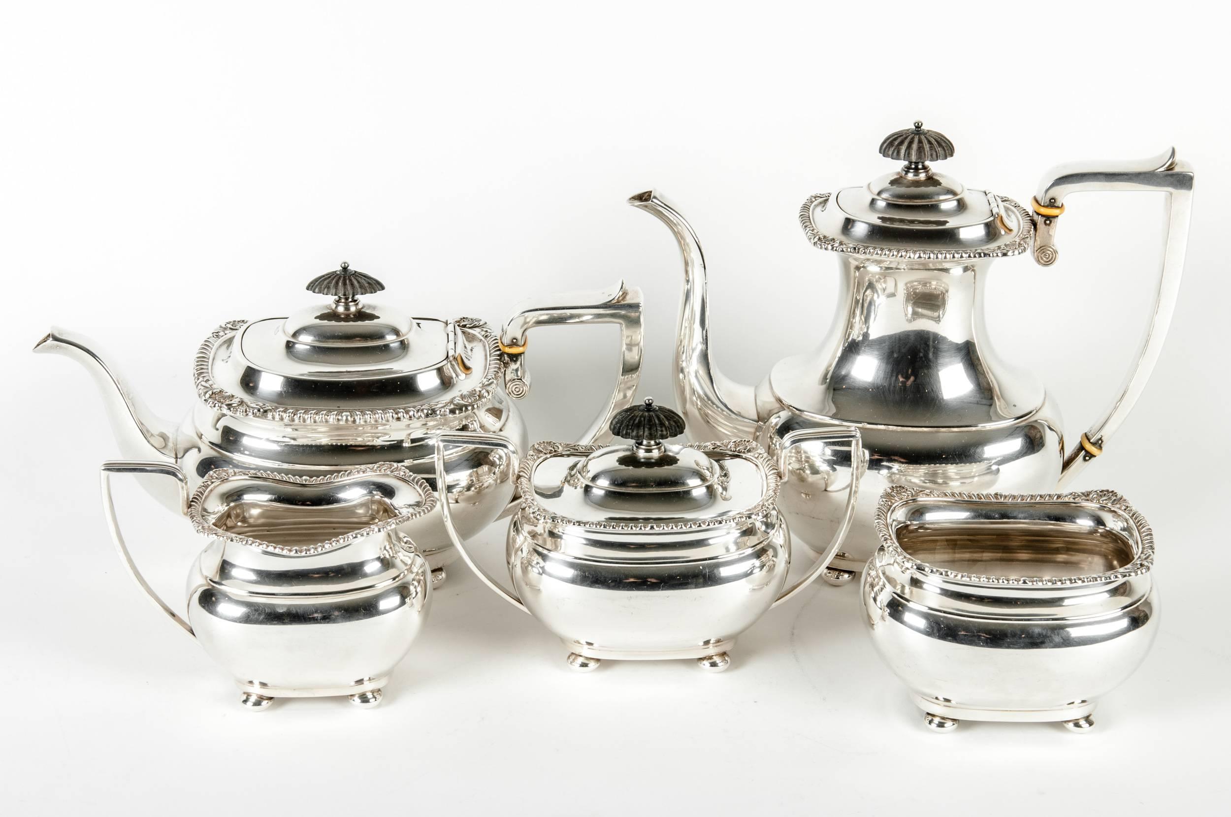 Late 19th century sterling silver tea and coffee five-piece service. The set is in great condition, minor wear consistent with age / use. Maker's mark undersigned. The tea pot 12