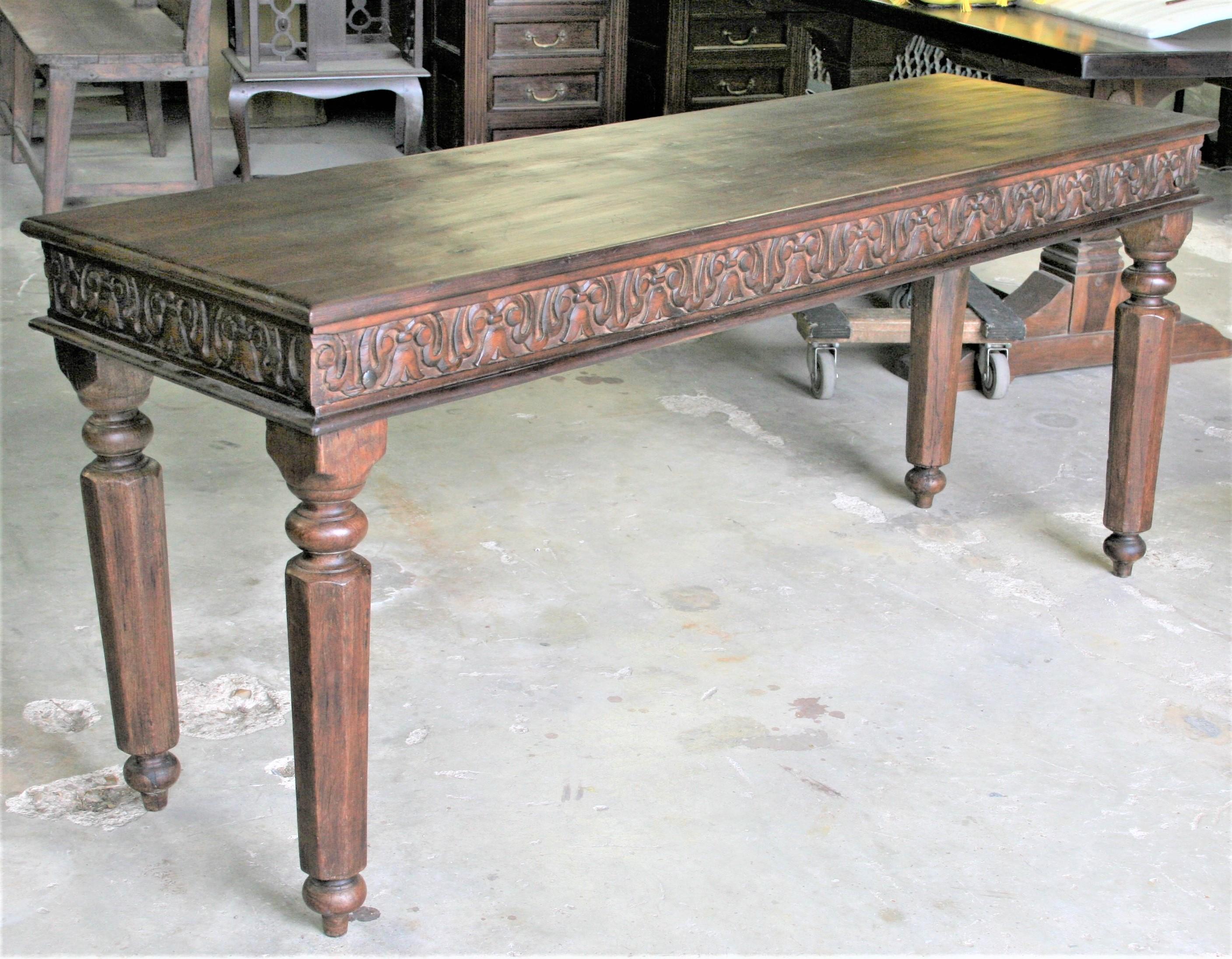 This is a rare colonial piece, used as a sofa table or as a console table in the large high ceilinged colonial homes.
It is made of fine teak wood and with carved sides and finely hand carved sturdy legs. Will last several decades.
Ideal for entry