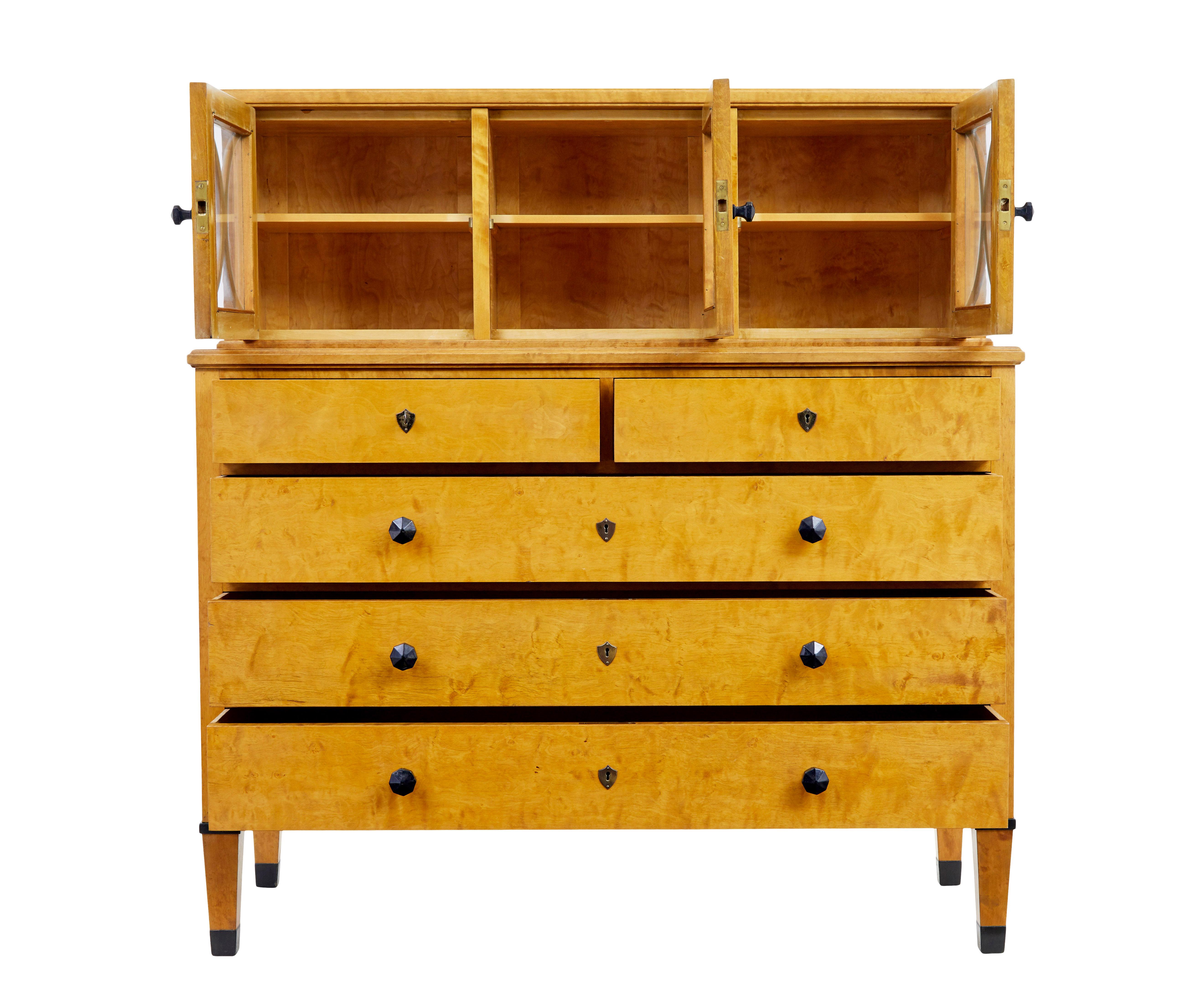 Hand-Carved Late 19th century Swedish birch Art Nouveau cabinet on chest For Sale