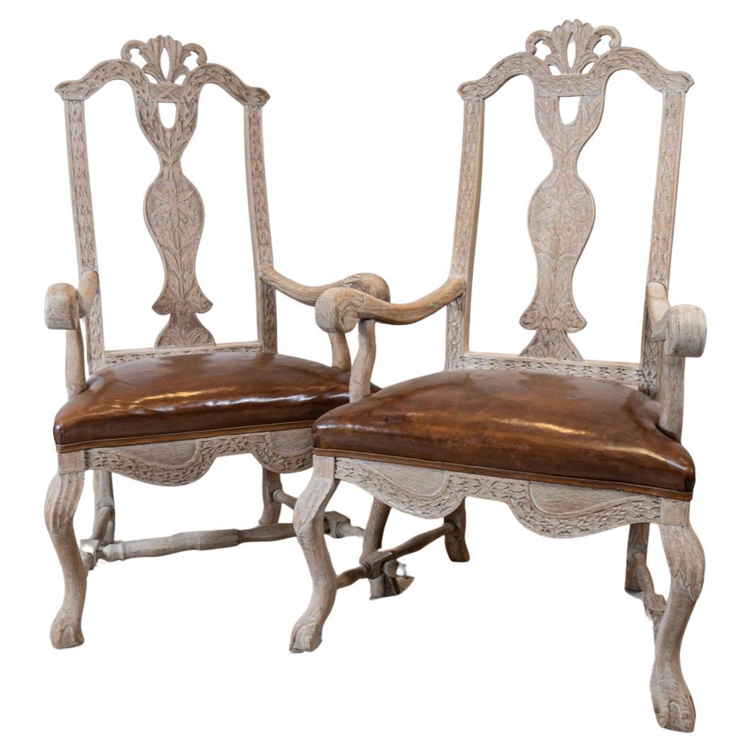 19th century Swedish bleached oak carvers or side chairs