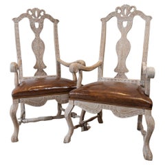 19th century Swedish bleached oak carvers or side chairs