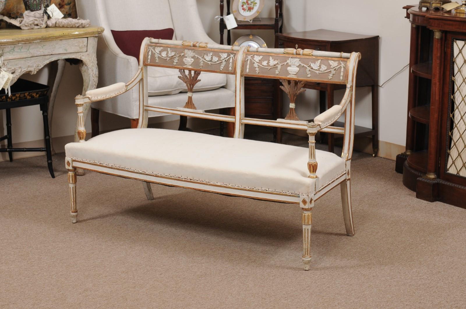 Late 19th Century Swedish Neoclassical Style Painted & Parcel Gilt Bench / Sette 2