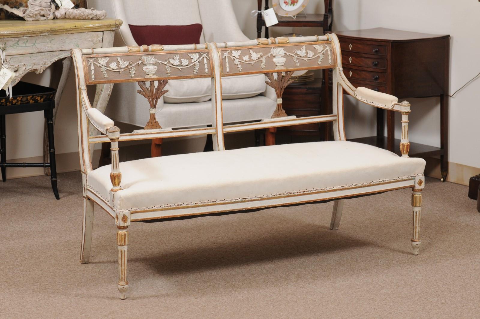 Late 19th Century Swedish Neoclassical Style Painted & Parcel Gilt Bench / Sette 5