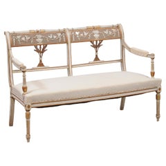 Antique Late 19th Century Swedish Neoclassical Style Painted & Parcel Gilt Bench / Sette