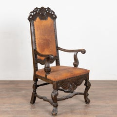 Late 19th Century Swedish Oak Carved Armchair with Vintage Leather