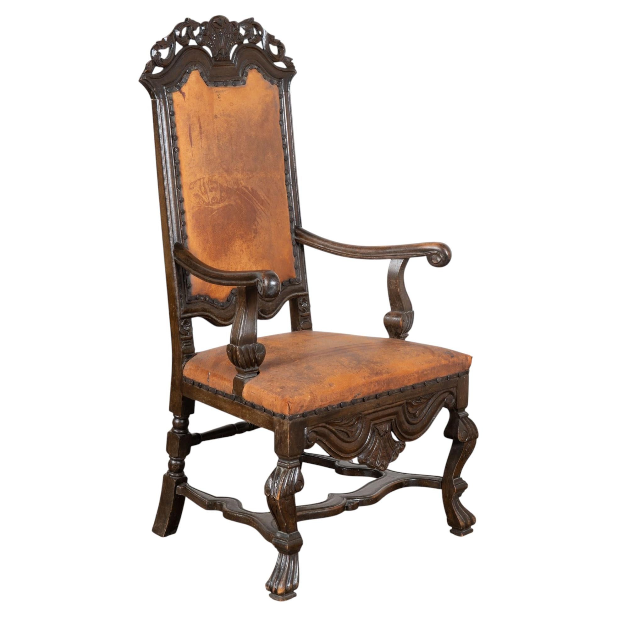 Late 19th Century Swedish Oak Carved Armchair with Vintage Leather