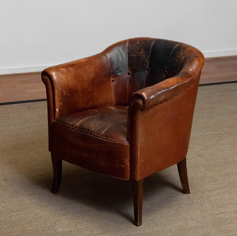 Late 19th Century Swedish Tan / Brown Nailed Leather Lounge / Club