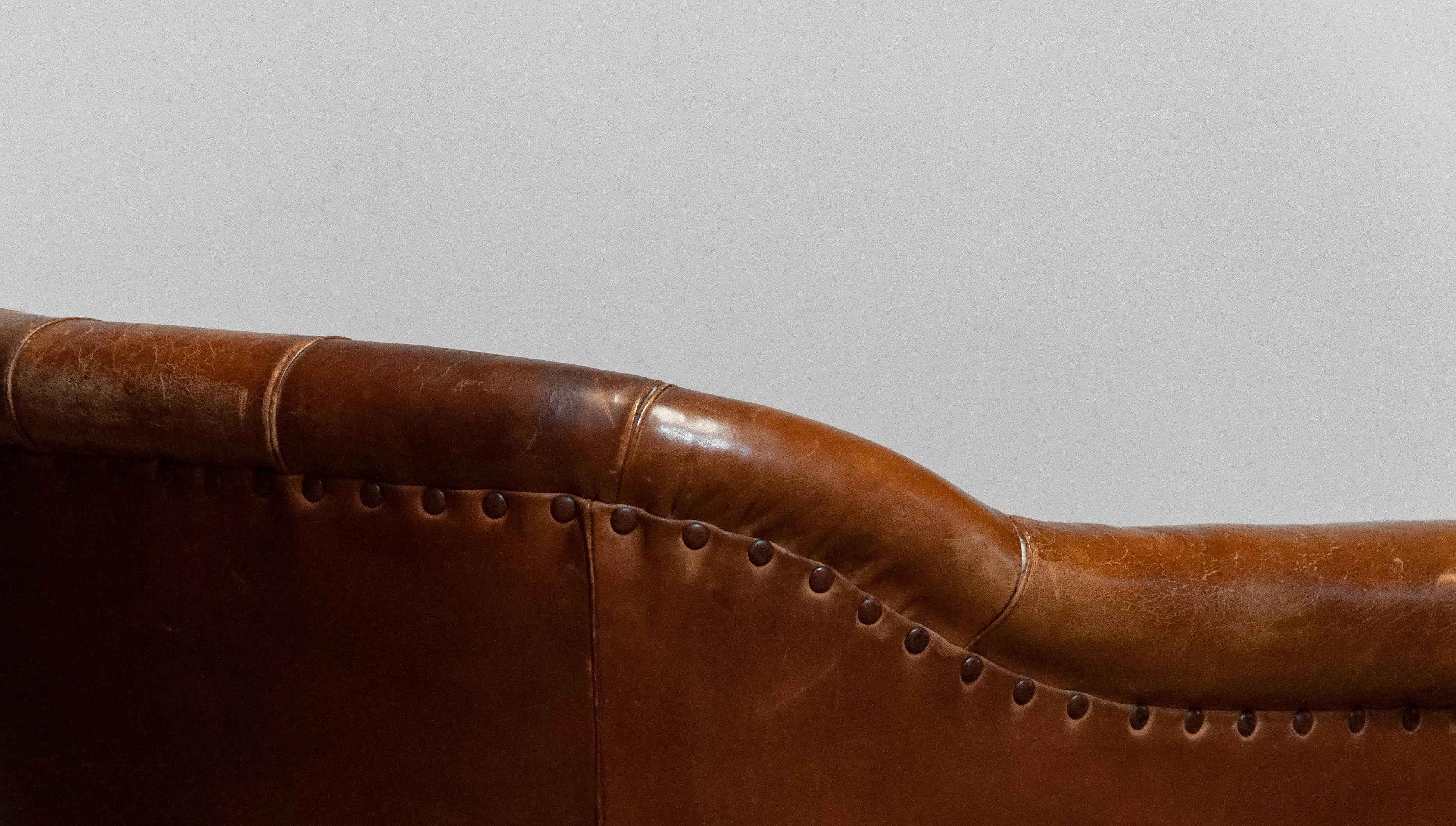 Chesterfield Late 19th Century Swedish Tan / Brown Nailed Leather Lounge / Club / Cigar Chair