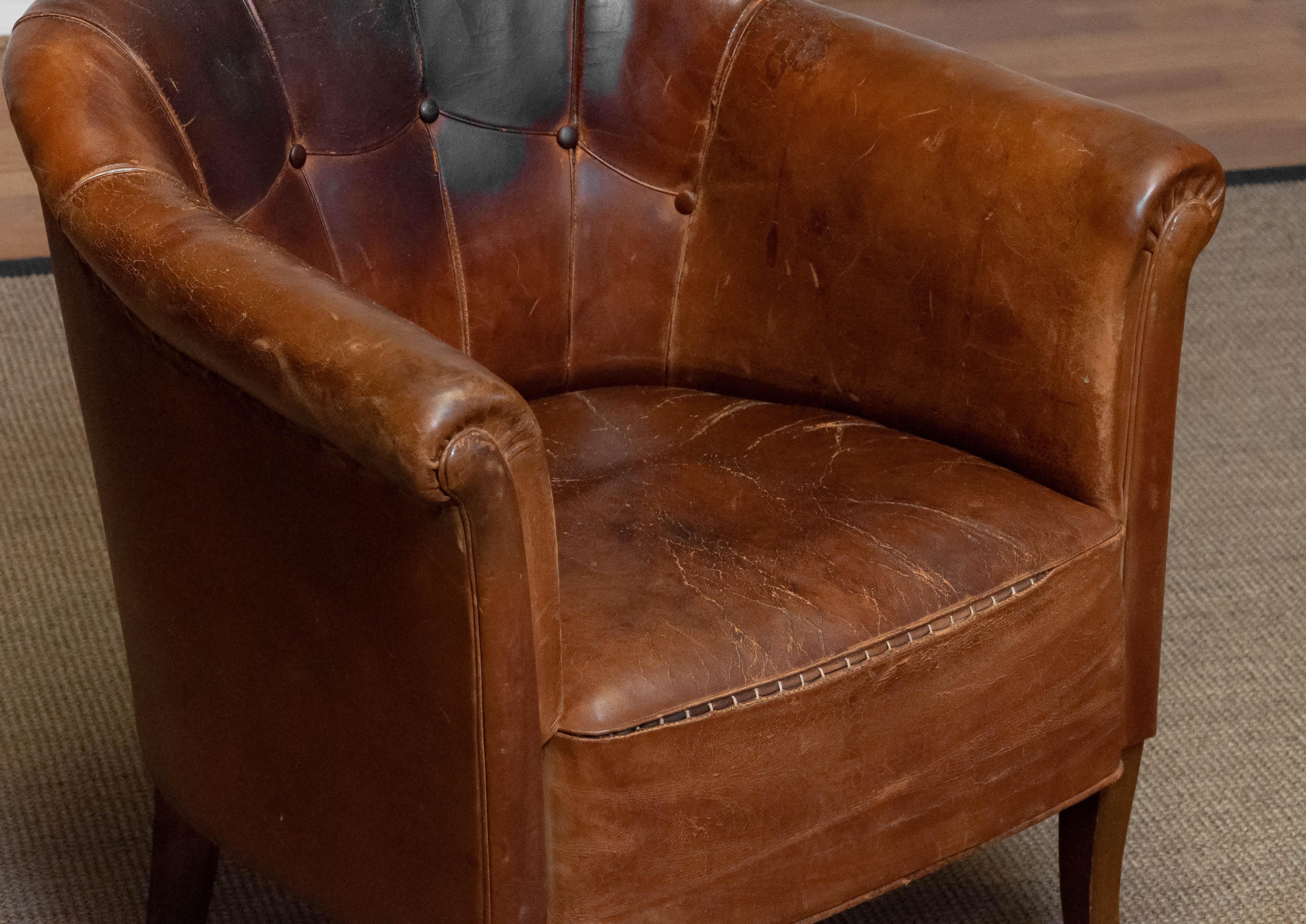 Late 19th Century Swedish Tan / Brown Nailed Leather Lounge / Club / Cigar Chair 1