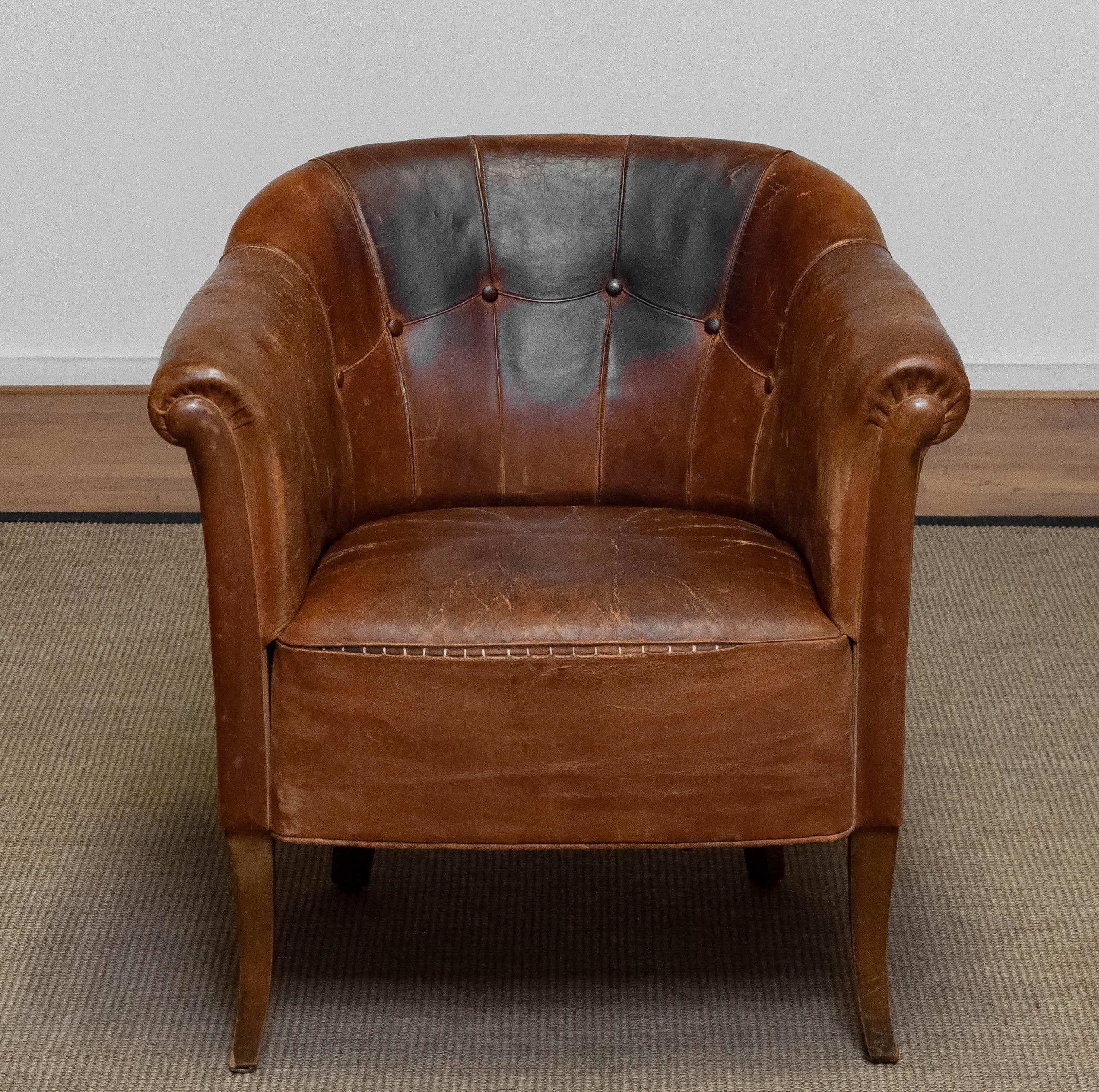 Late 19th Century Swedish Tan / Brown Nailed Leather Lounge / Club / Cigar Chair 2