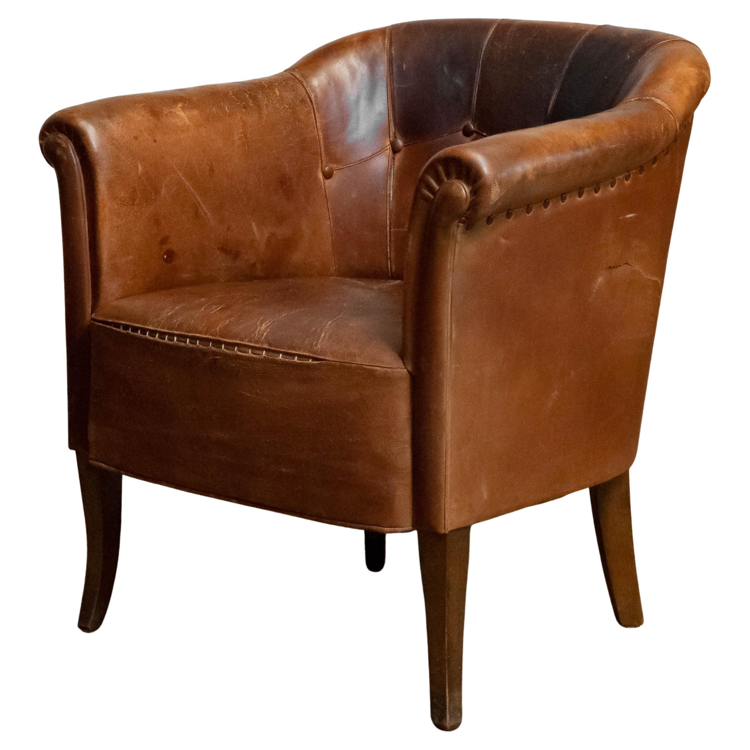 Late 19th Century Swedish Tan / Brown Nailed Leather Lounge / Club / Cigar Chair