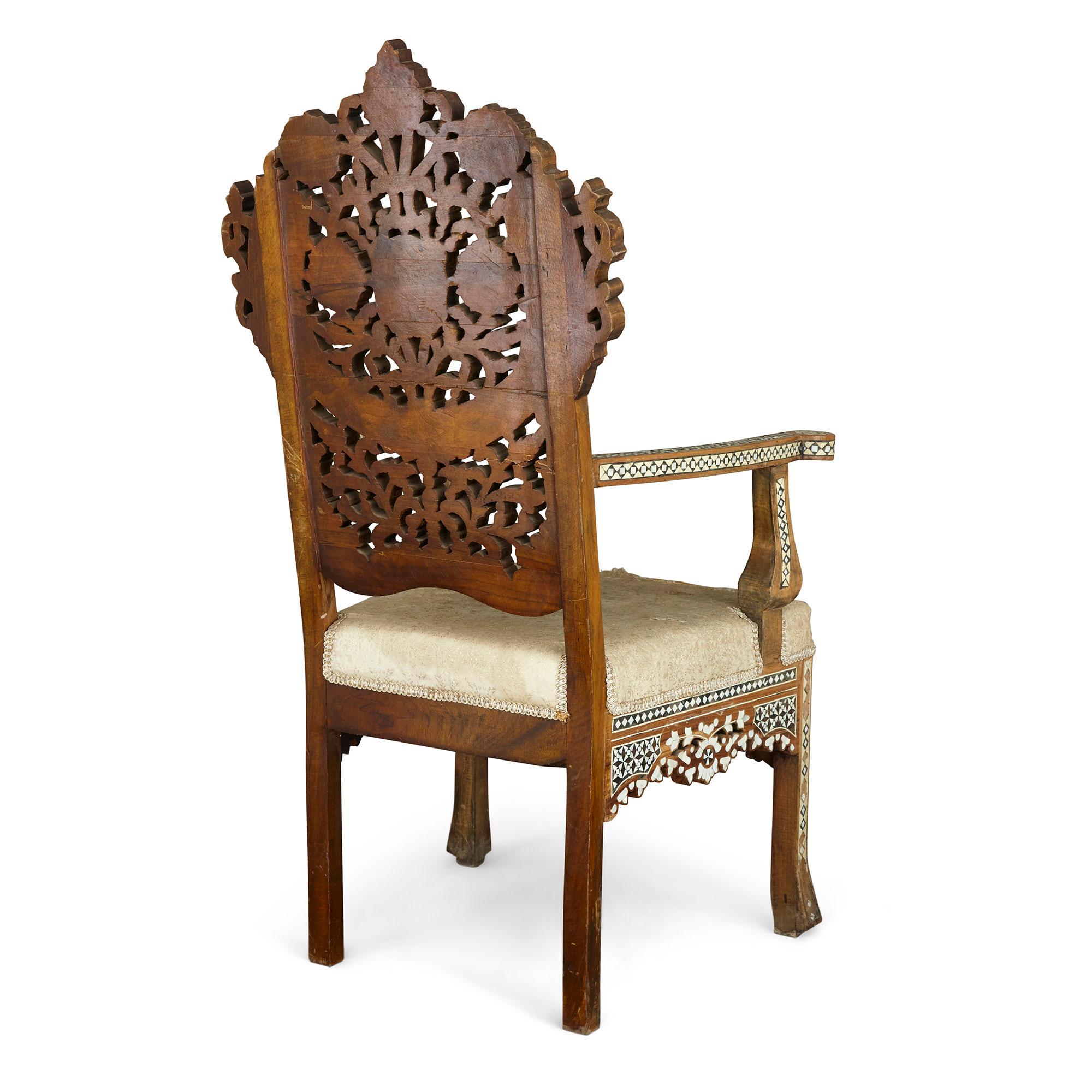 Ebonized Late 19th Century Syrian Chair with Arabesque Mother-of-Pearl and Abalone Inlays