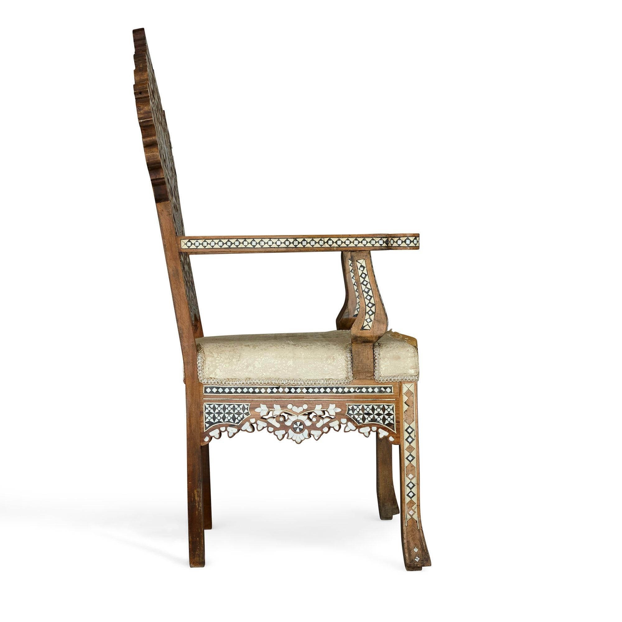 Late 19th Century Syrian Chair with Arabesque Mother-of-Pearl and Abalone Inlays In Good Condition In London, GB