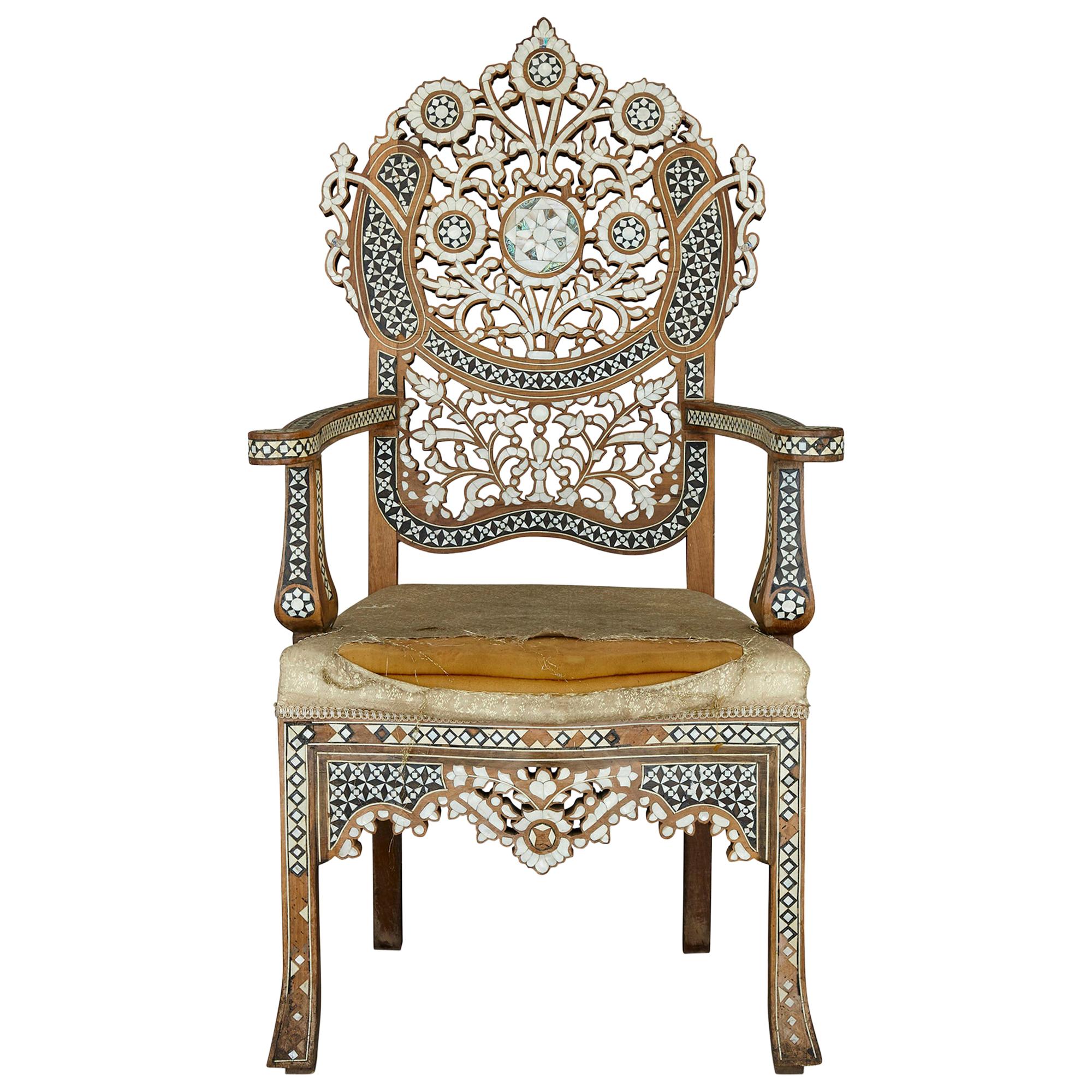 Late 19th Century Syrian Chair with Arabesque Mother-of-Pearl and Abalone Inlays