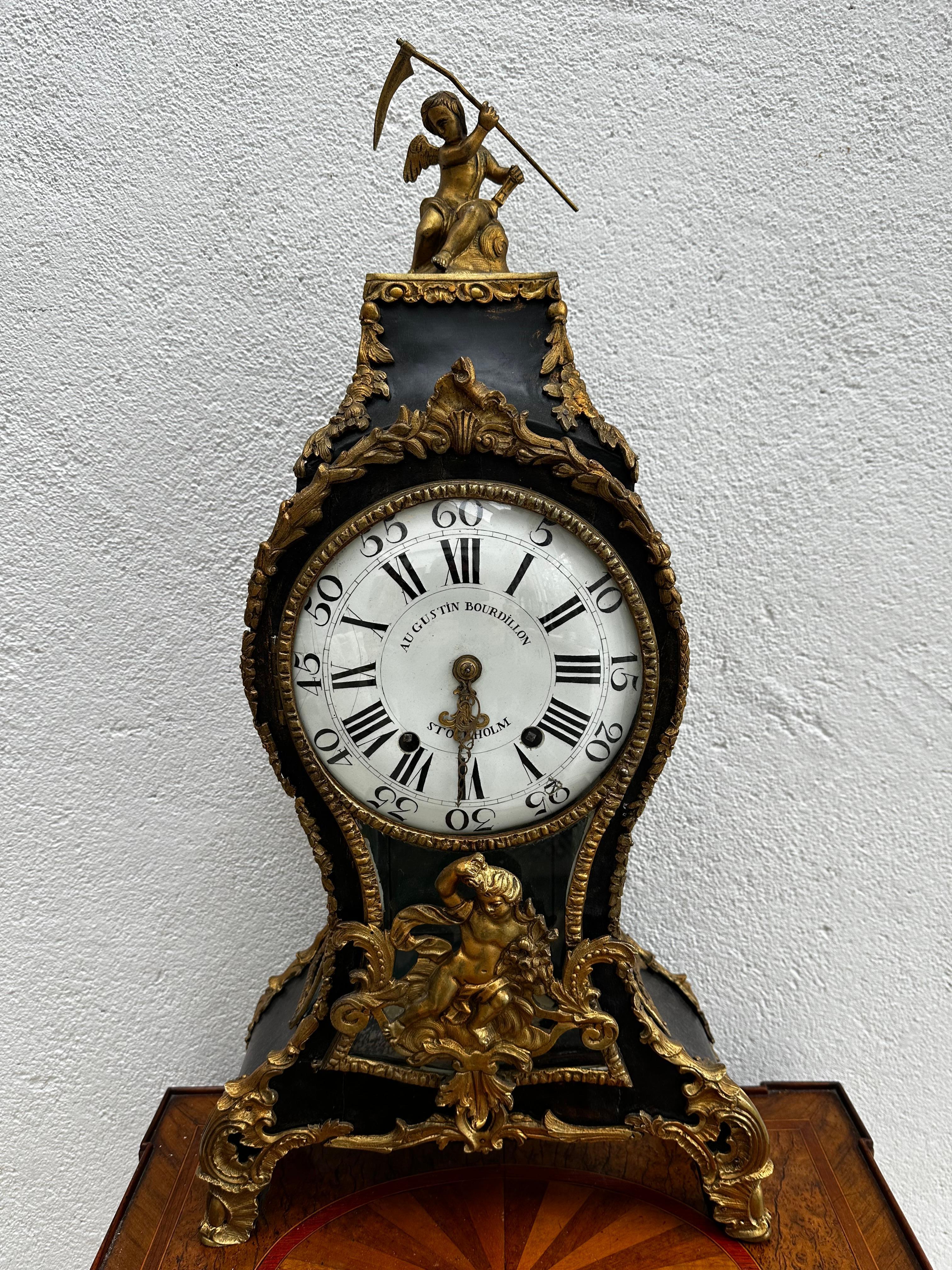 A table clock made in Stockholm by Auguste Bourdillon, 1728- 1799. He were a manufacturer of clocks and watches in Geneva and then in Stockholm  1761 - 1799, where he settled.
