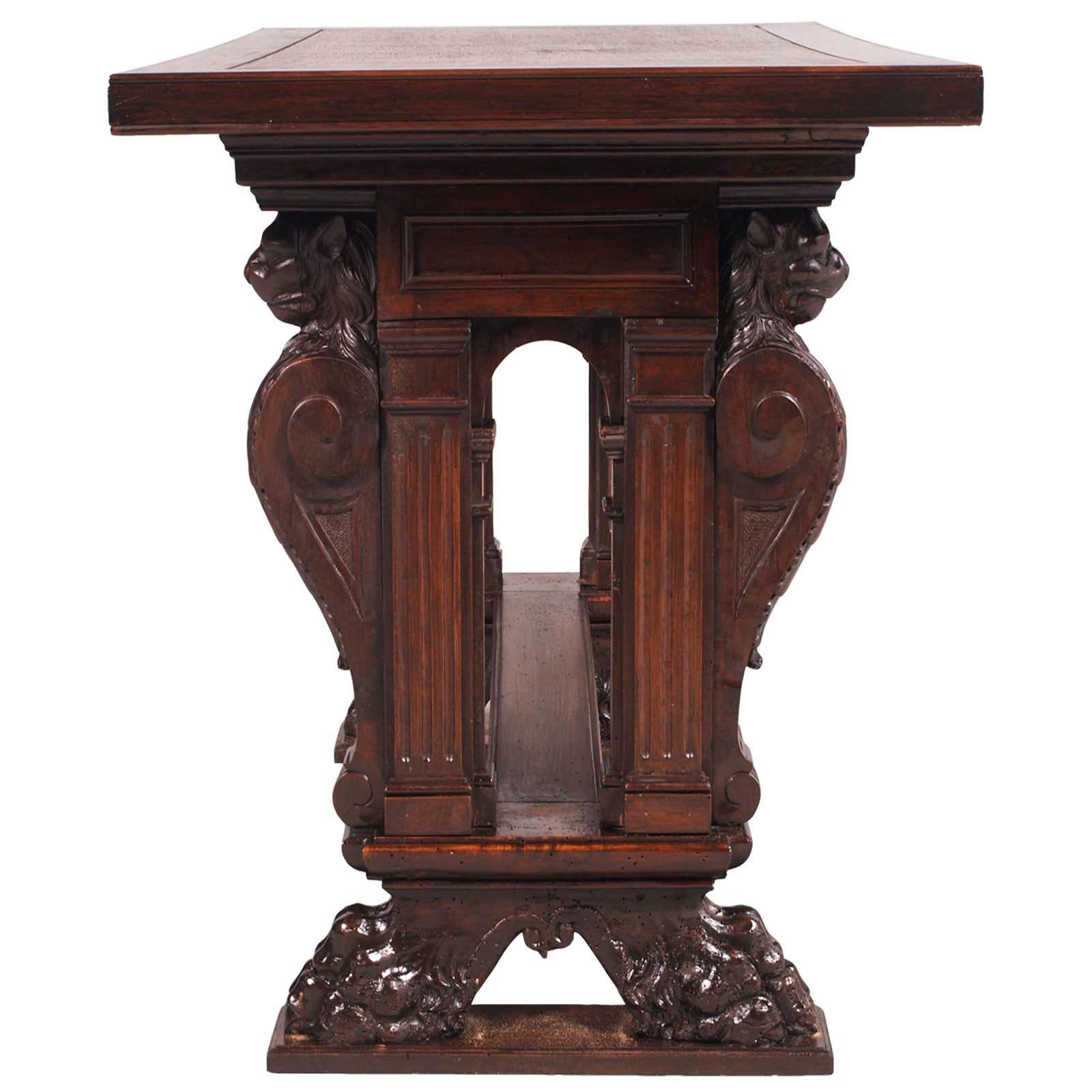 Renaissance Revival Late 19th Century Table, Writing Desk, Hand Carved Walnut, Testolini & Salviati For Sale