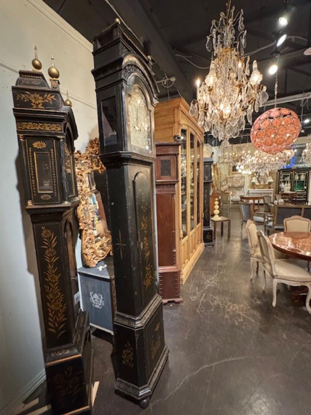 English Late 19th Century Tall Case Grandfather Clock with Chinoiserie Design For Sale