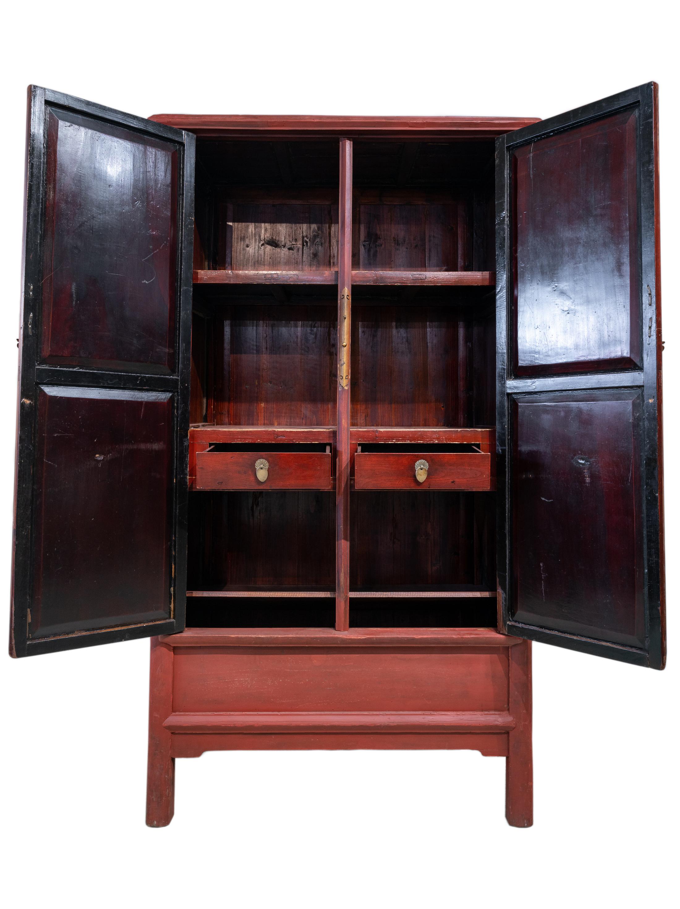 Qing Late 19th Century Tall Tapered Red & Gold Carved Cabinet For Sale