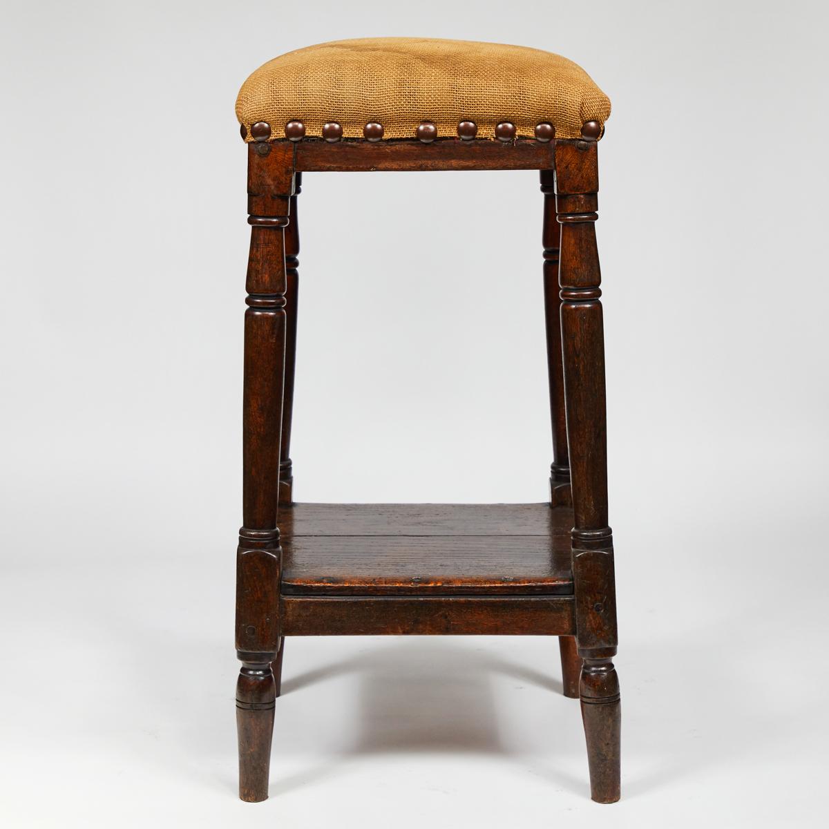 Late 19th Century Tall Upholstered English Stool with Bottom Shelf In Good Condition For Sale In Los Angeles, CA