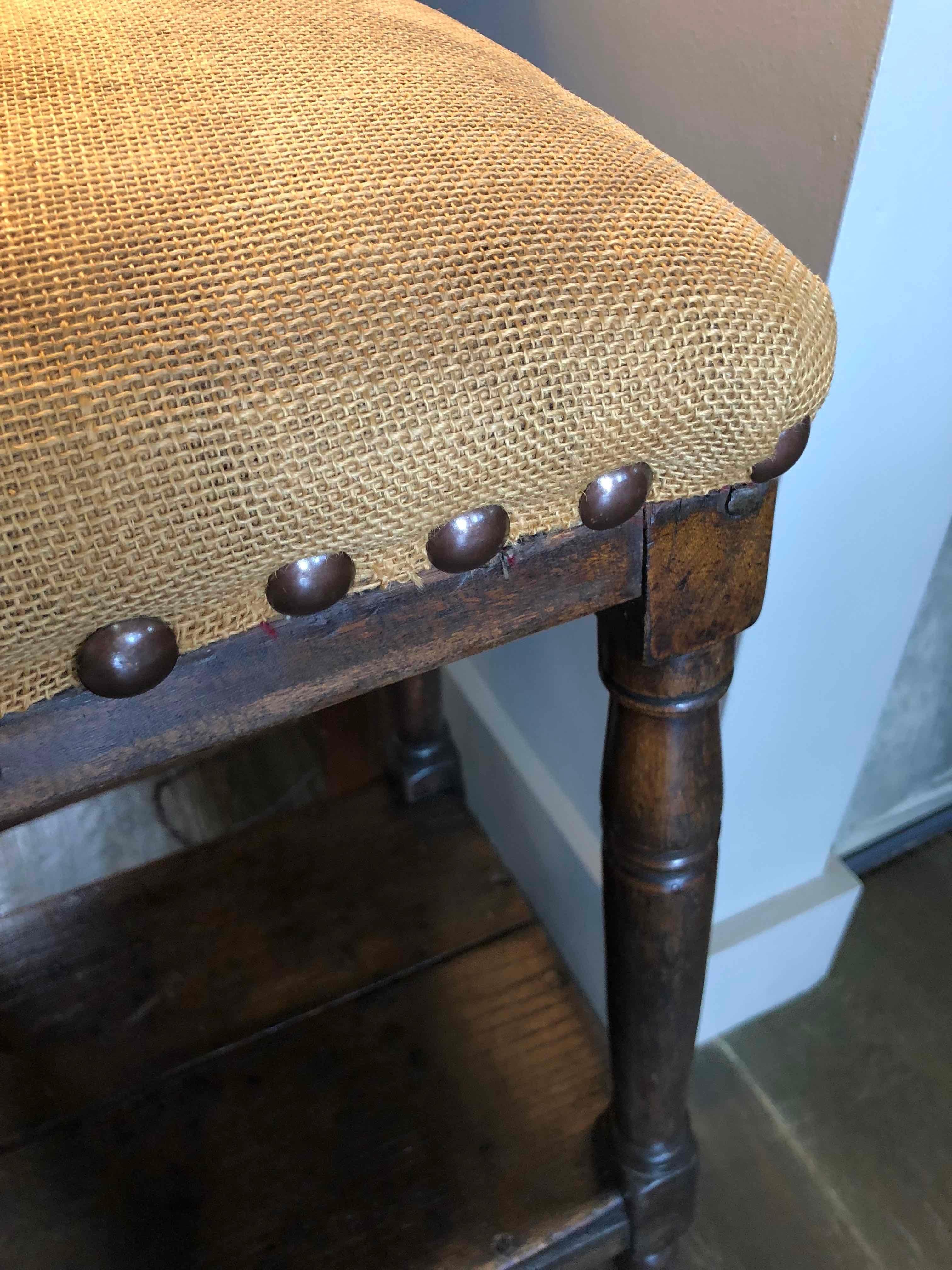 Late 19th Century Tall Upholstered English Stool with Bottom Shelf In Good Condition In Los Angeles, CA