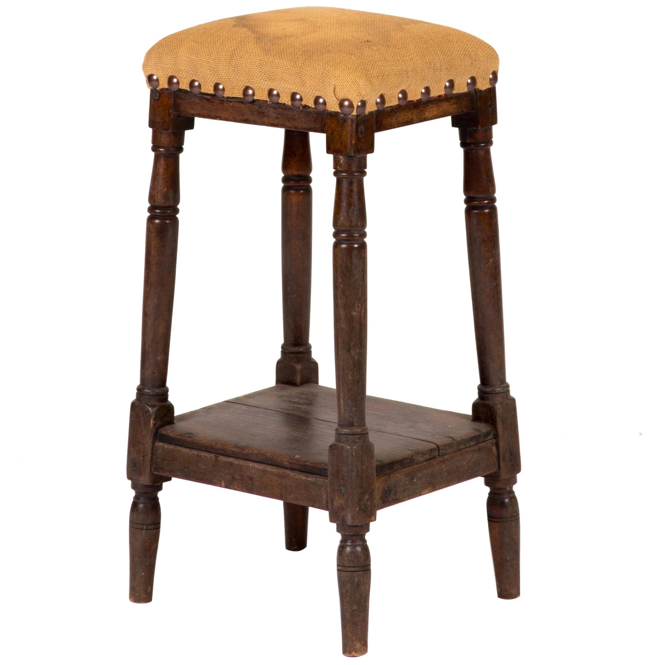 Late 19th Century Tall Upholstered English Stool with Bottom Shelf For Sale