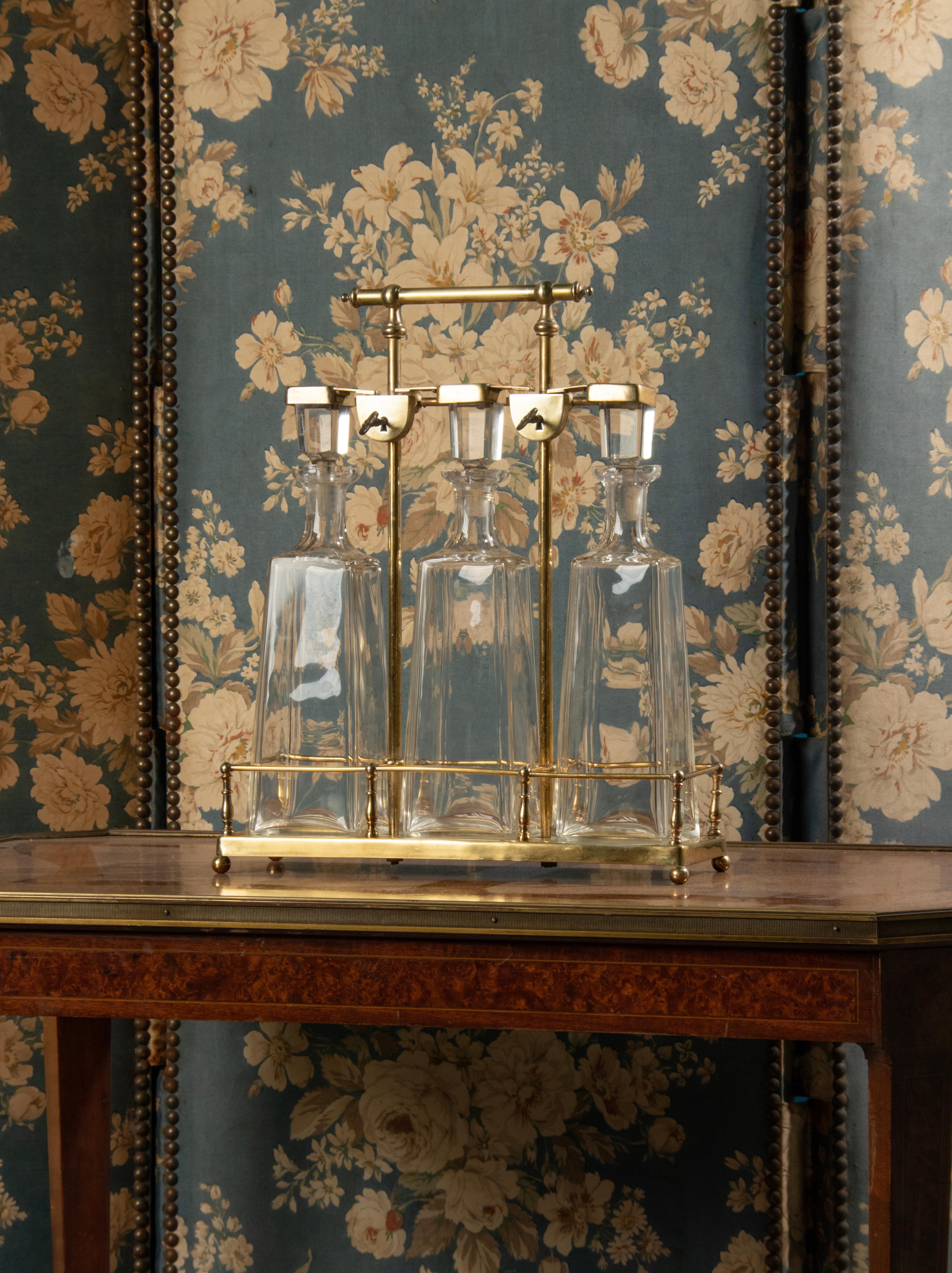 French Late 19th Century Tantalus Liquor / Brandy Stand with Crystal Decanters