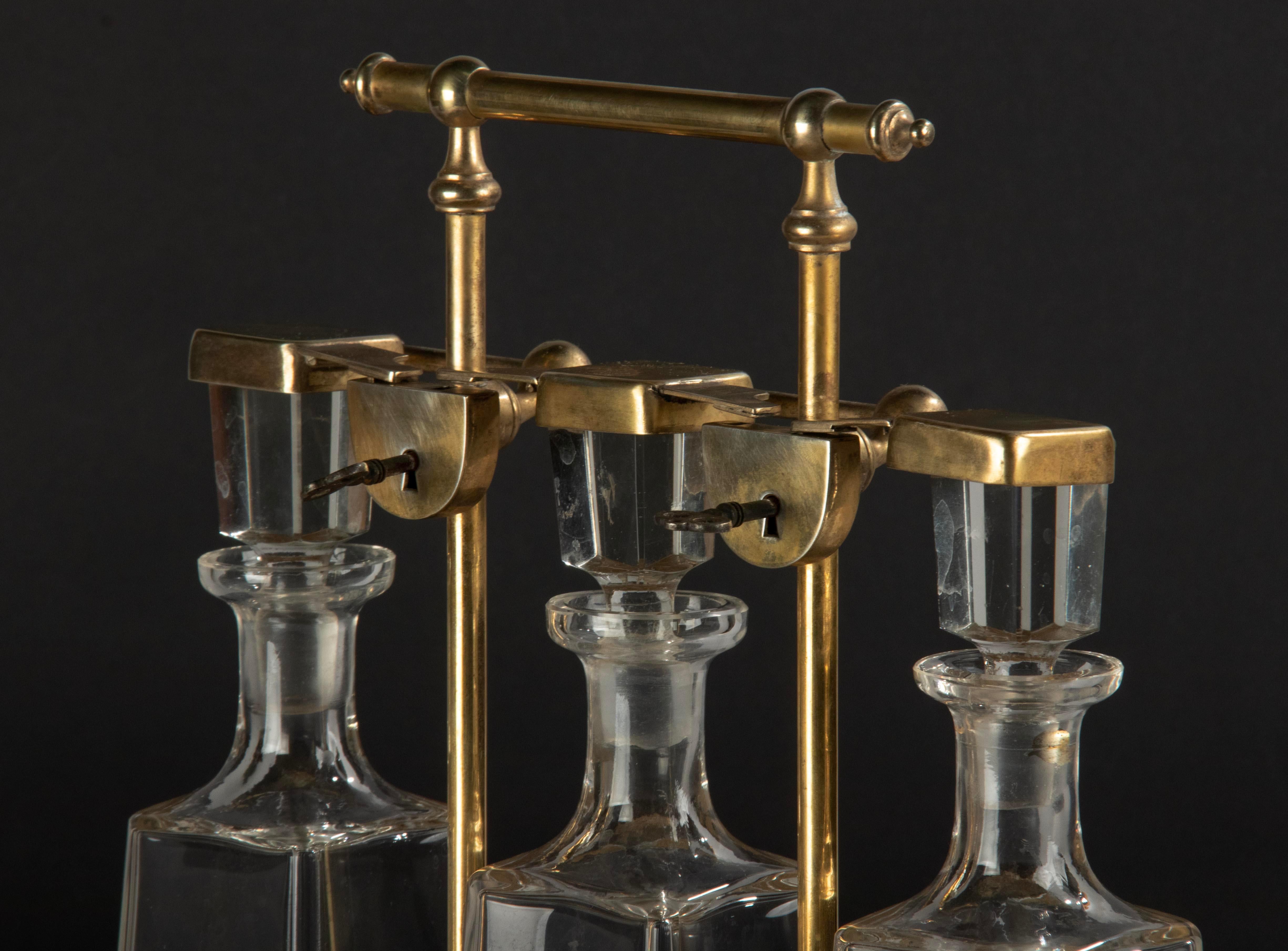 Brass Late 19th Century Tantalus Liquor / Brandy Stand with Crystal Decanters