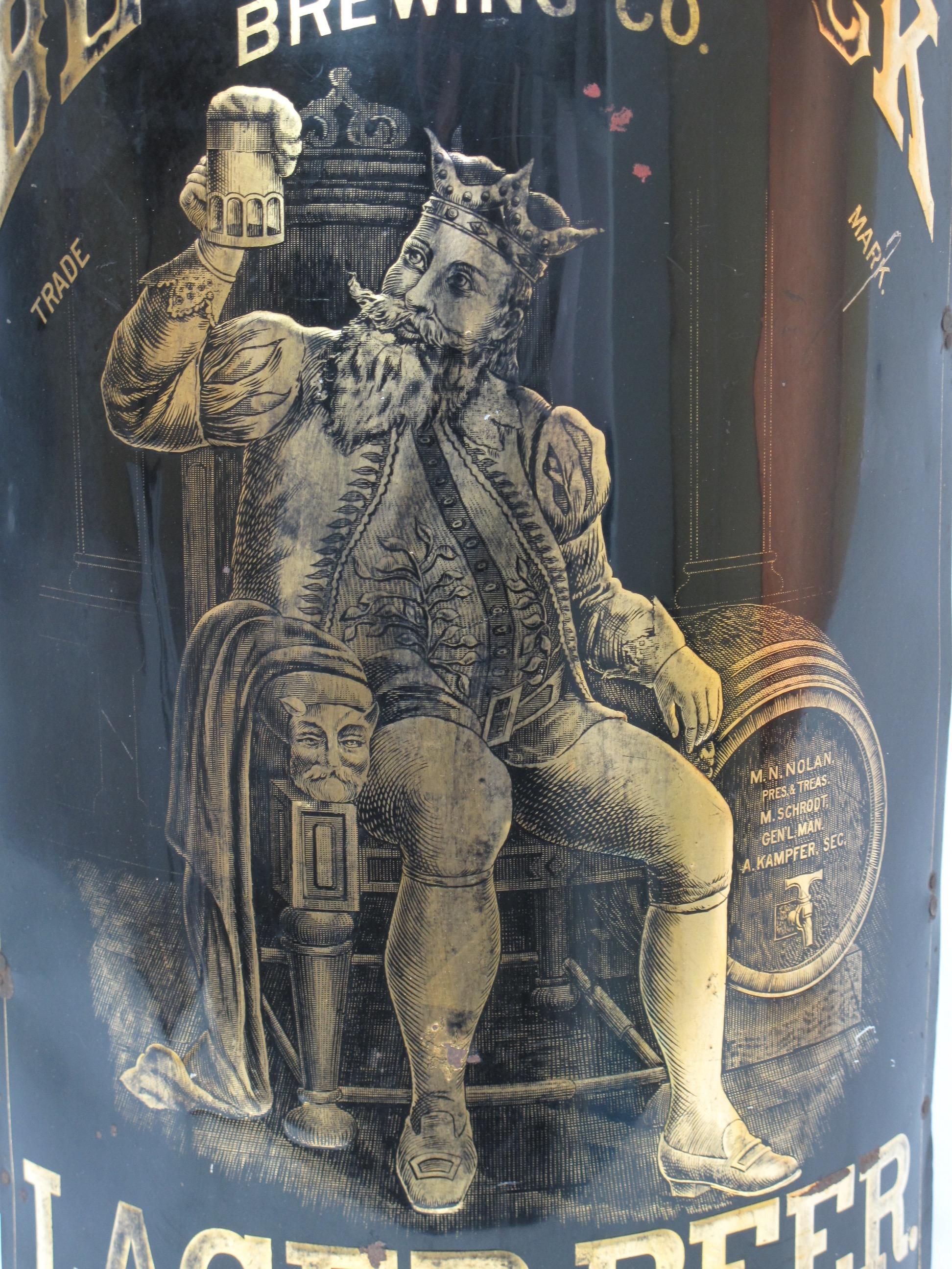 A late 19th century tin corner advertising sign for the Beverwyck Brewing Company in Albany, N.Y., featuring Gambrinus as the central image for the sign. Gambrinus is a legendary European culture hero celebrated as an icon of beer, brewing,
