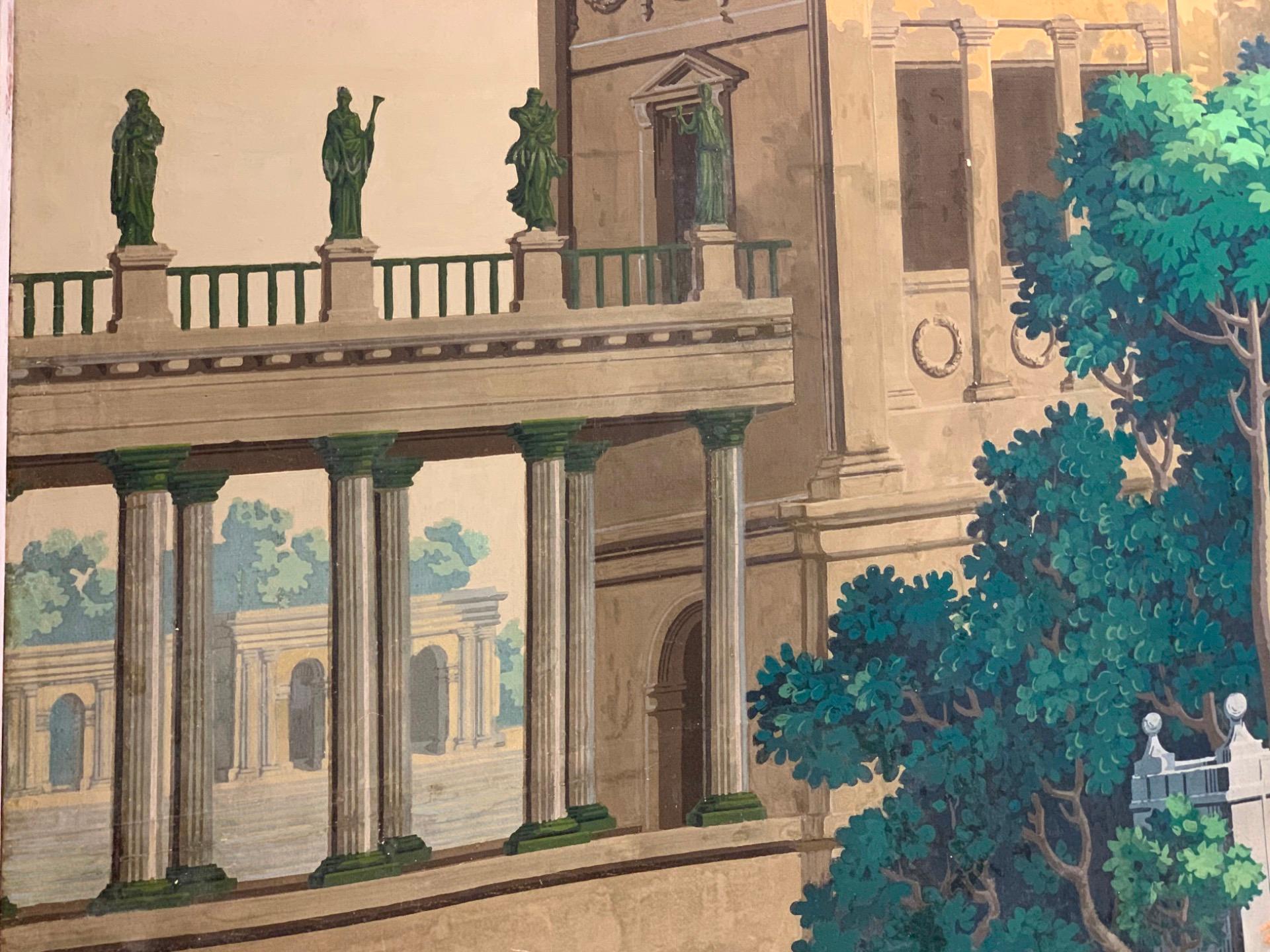 italien Fin du 19e siècle Tempera sur papier Paysage architectural en vente