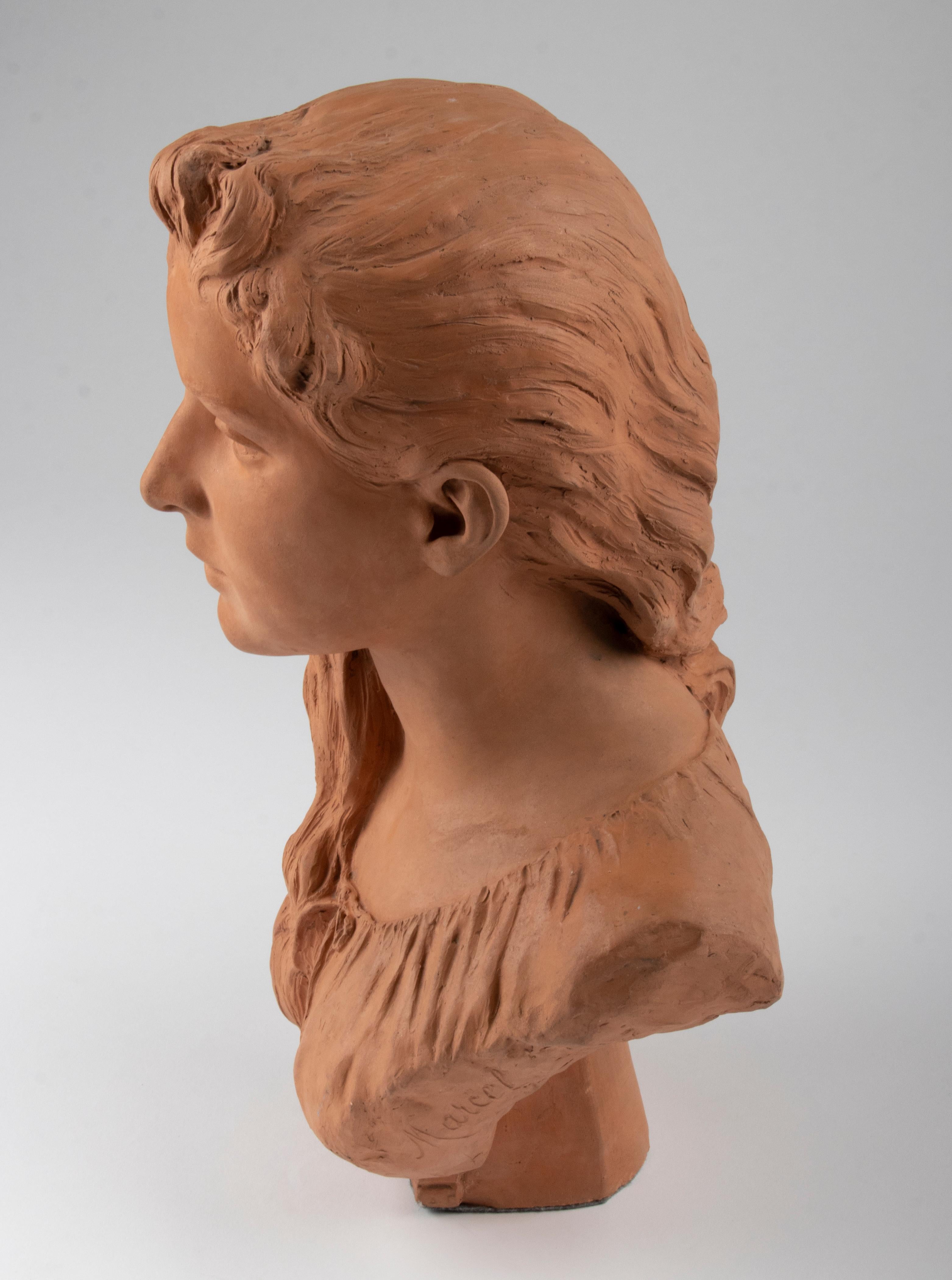 Late 19th Century Terracotta Bust of a Girl named Graziella signed Marcel For Sale 7