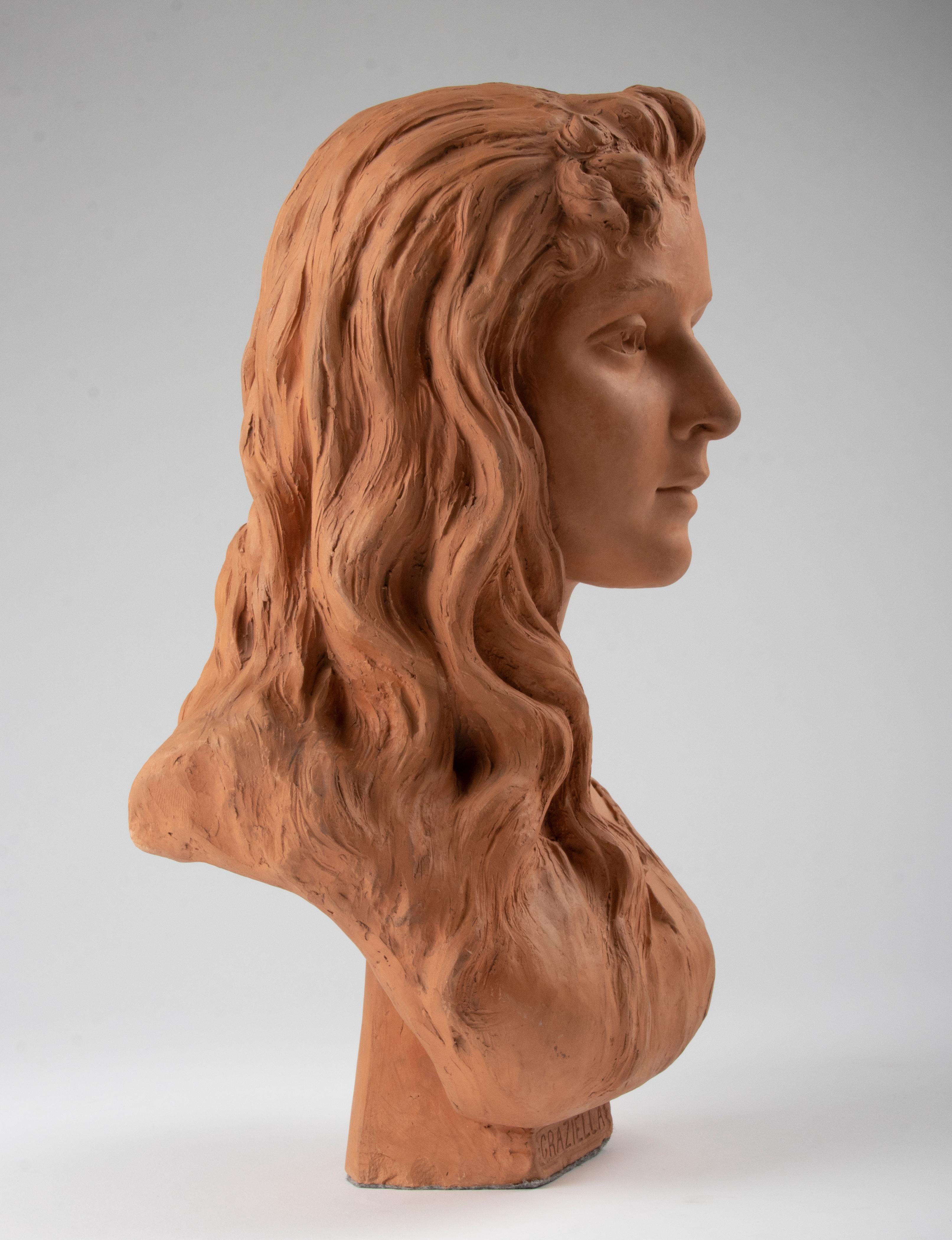 Belle Époque Late 19th Century Terracotta Bust of a Girl named Graziella signed Marcel For Sale