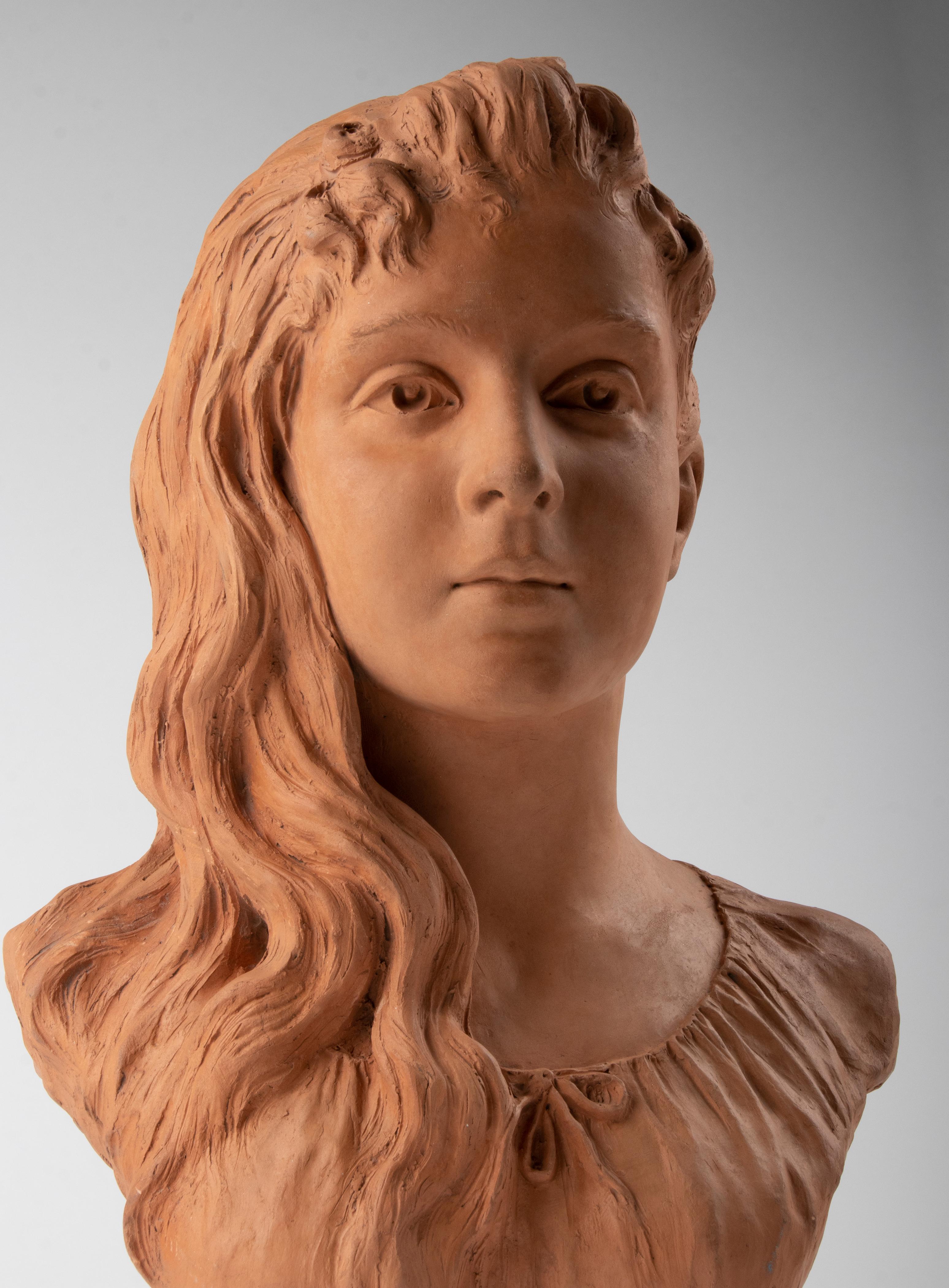 Hand-Crafted Late 19th Century Terracotta Bust of a Girl named Graziella signed Marcel For Sale