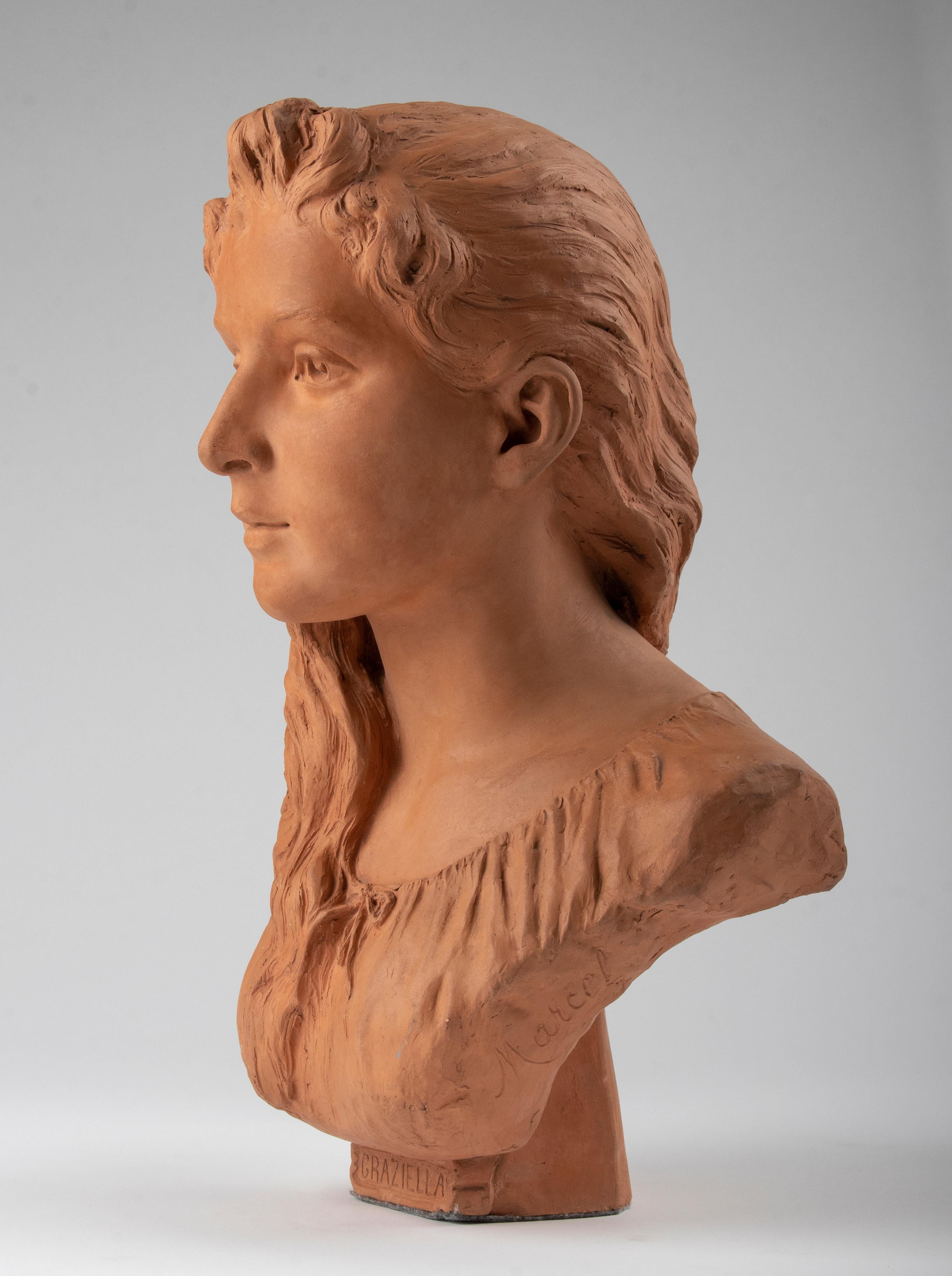 Late 19th Century Terracotta Bust of a Girl named Graziella signed Marcel For Sale 2