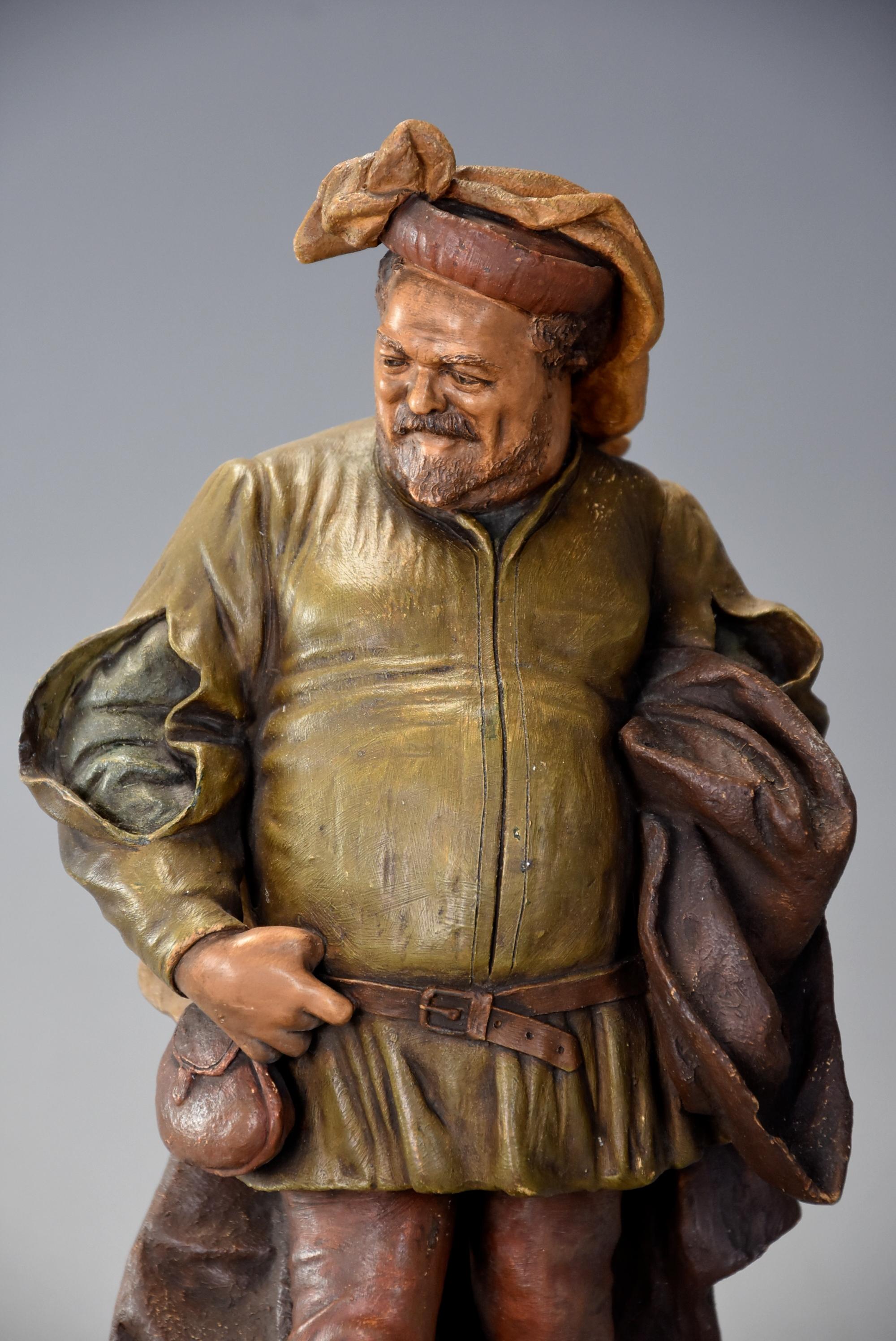 A late 19th century terracotta figure of ‘Falstaff’ by Friedrich Goldscheider.

This nicely cast figure depicts Sir John Falstaff, the portly fictional comic character created by William Shakespeare, in traditional dress, with makers mark to the