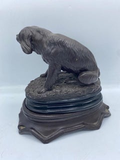 Late 19th Century Sculpted Terracotta Dog Sitting Atop Enclosed Glass Inkwells