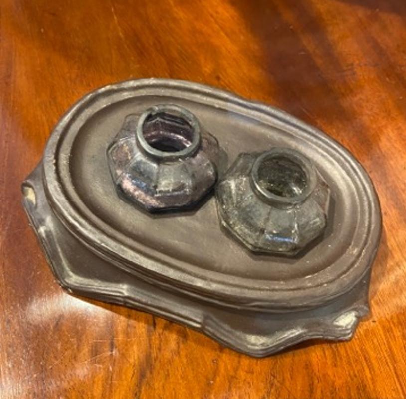 Unknown Late 19th Century Sculpted Terracotta Dog Sitting Atop Enclosed Glass Inkwells For Sale