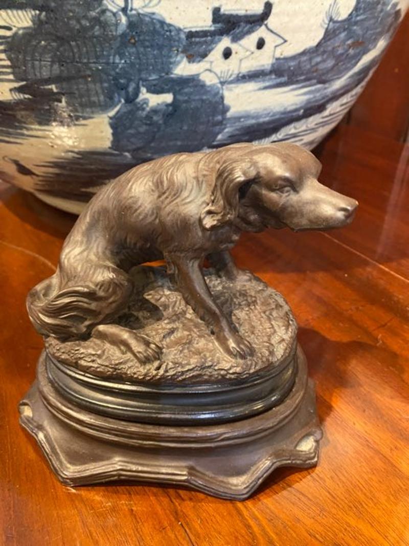 Late 19th Century Sculpted Terracotta Dog Sitting Atop Enclosed Glass Inkwells For Sale 2